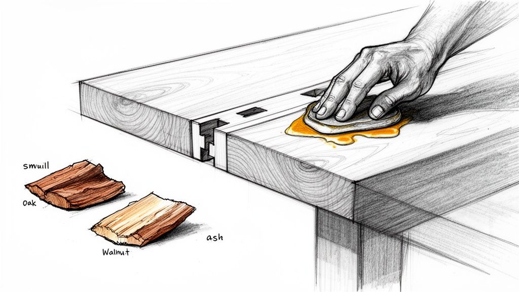 En hånd påfører træfinish på en bordplade med udsatte samlinger, der viser træsorter som eg, valnød og ask.
