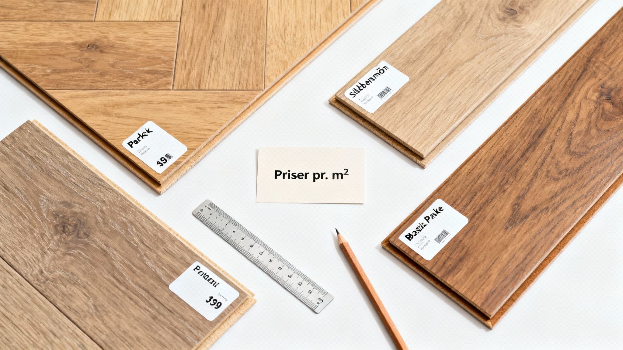 Forskellige prøver af trægulve med prisskilte og en note om priser per kvadratmeter.