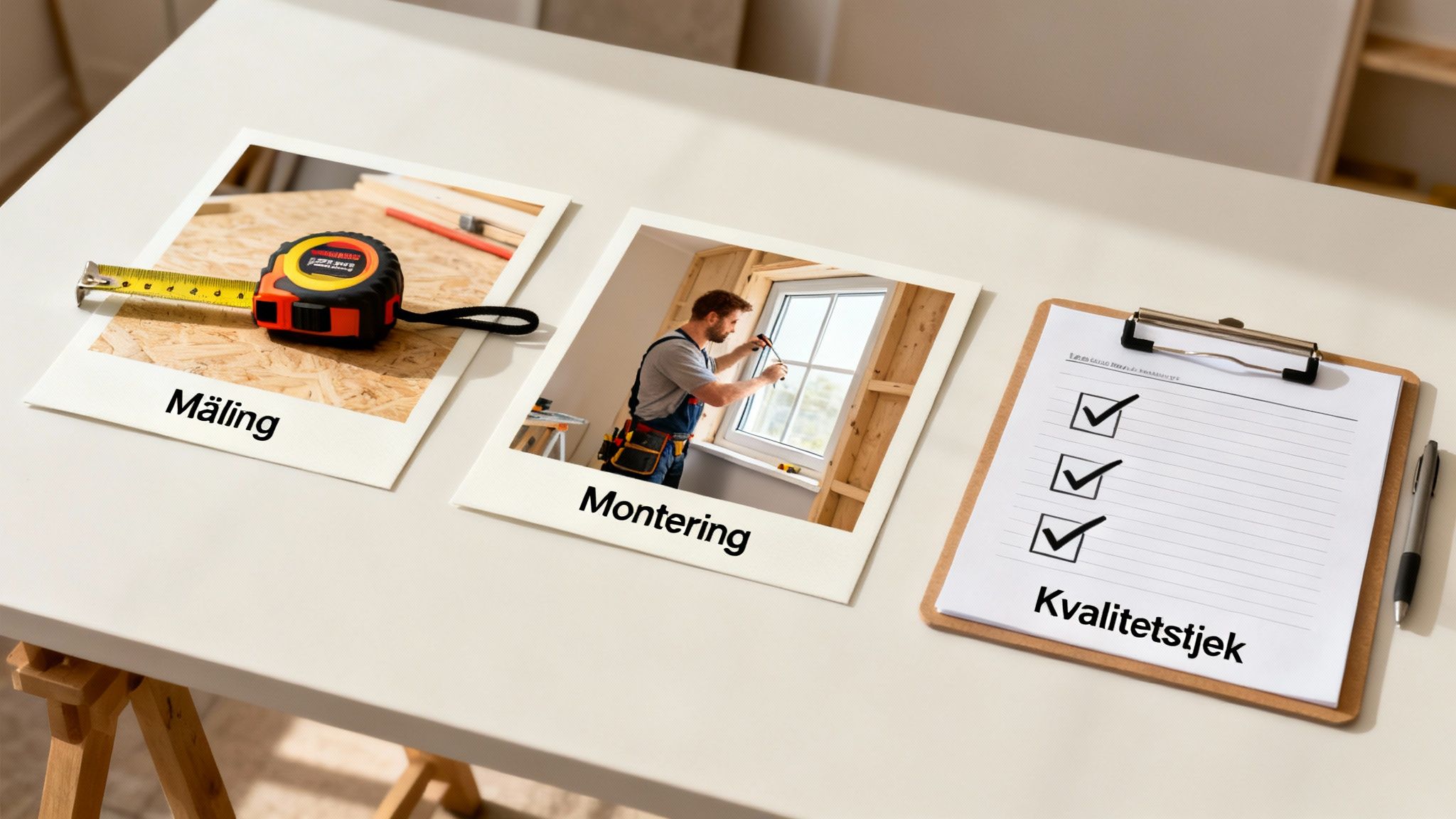 Billeder og tjekliste på bord illustrerer trin i vinduesinstallation: måling, montering og kvalitetstjek.