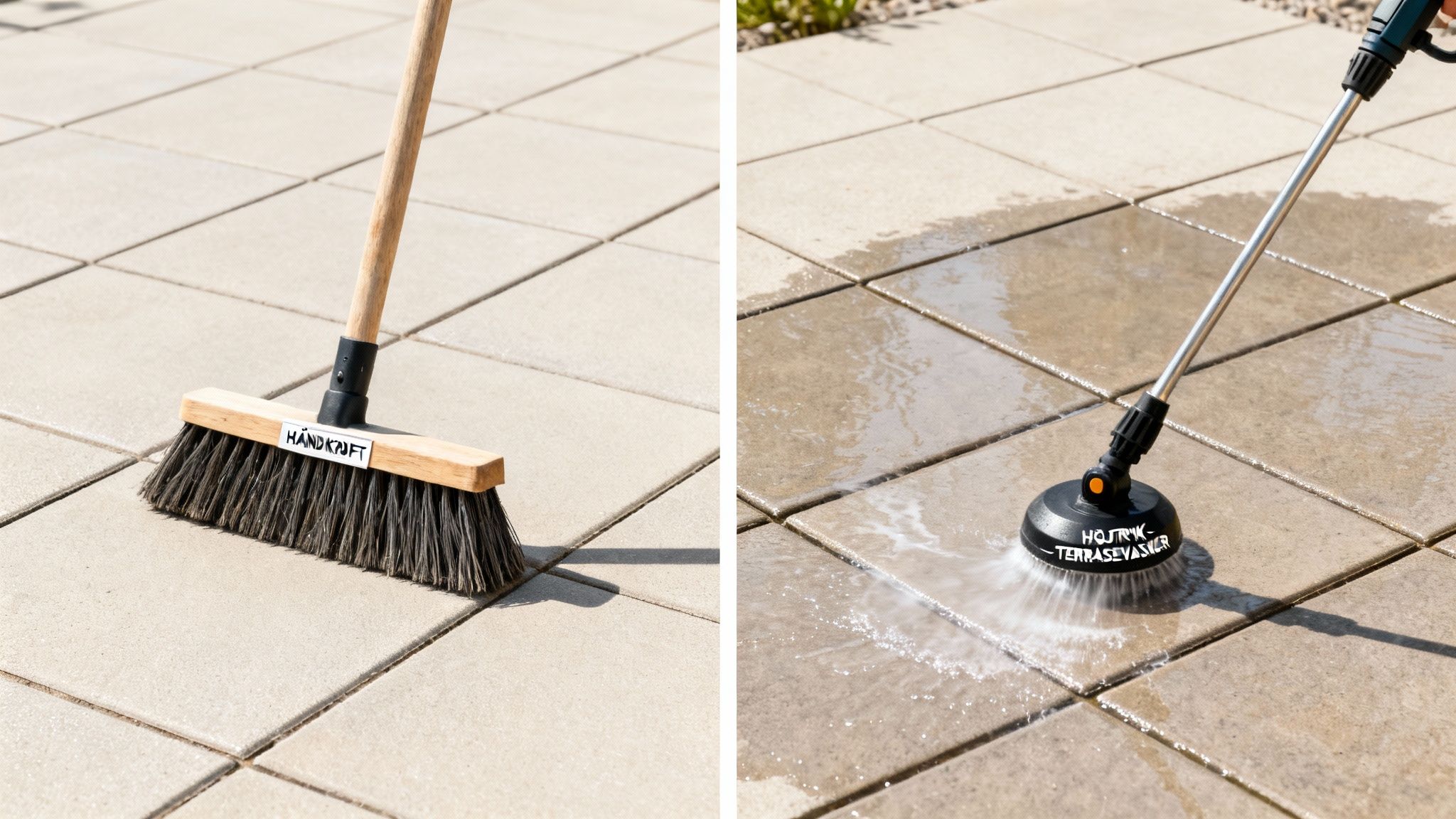 Sammenligning af fliserens: manuel rengøring med kost versus højtryksrenser til terrassen.