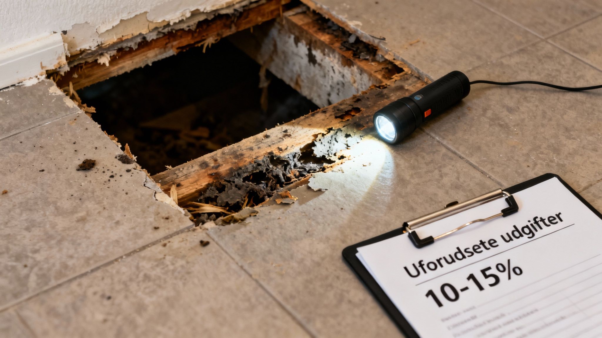Beskadiget gulv med hul, lommelygte og en oversigt over uforudsete renoveringsudgifter på en clipboard.