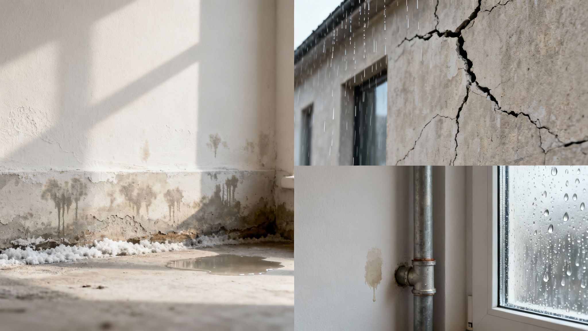 Fire billeder viser fugtskader i bygninger: skimmelsvamp, vandlækage, revner i væg og regn.