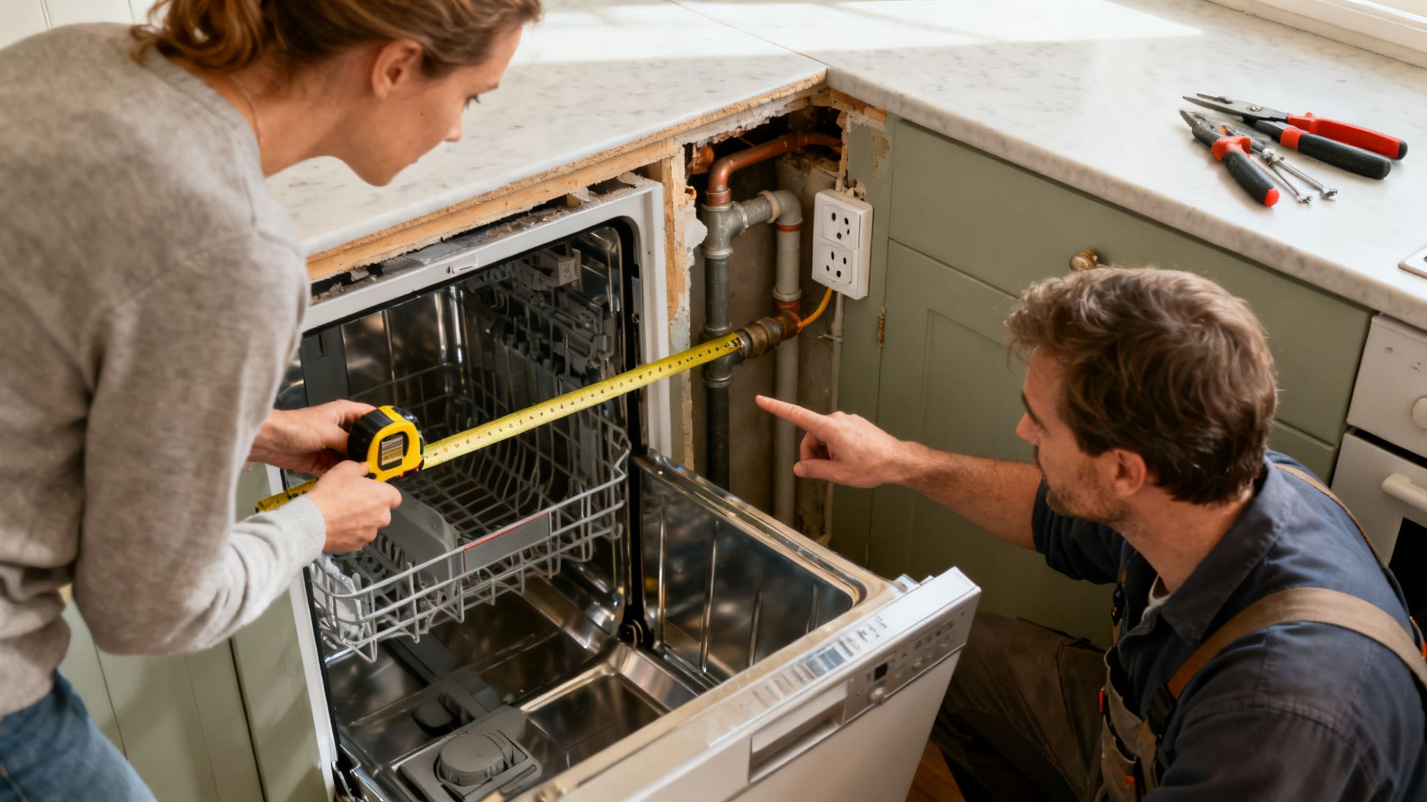Kvinde måler plads til opvaskemaskine med målebånd, mens mand peger på rør i køkkenet.