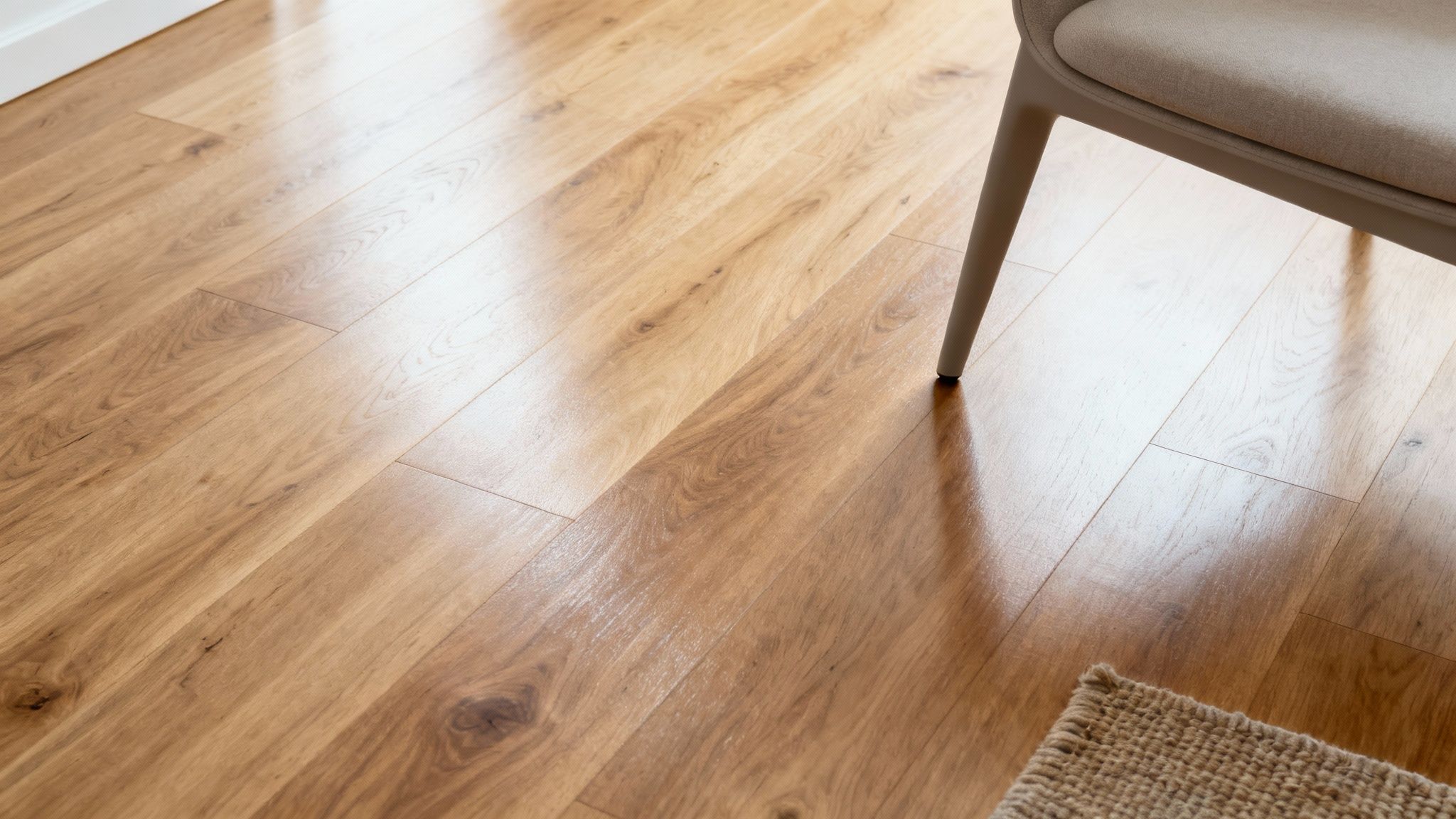 Nærbillede af et rent, lyst trægulv med refleksioner, en stoleben og et hjørne af et tæppe.