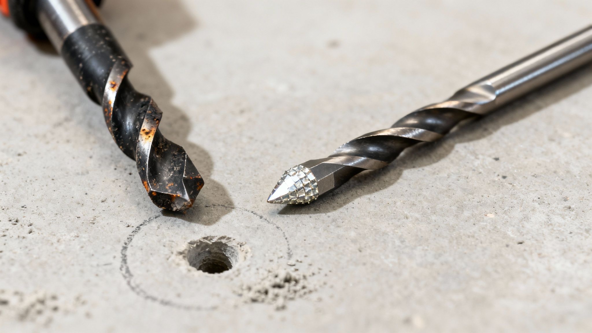 To forskellige bor, et gammelt og et nyt, ligger på en betonoverflade med et boret hul.