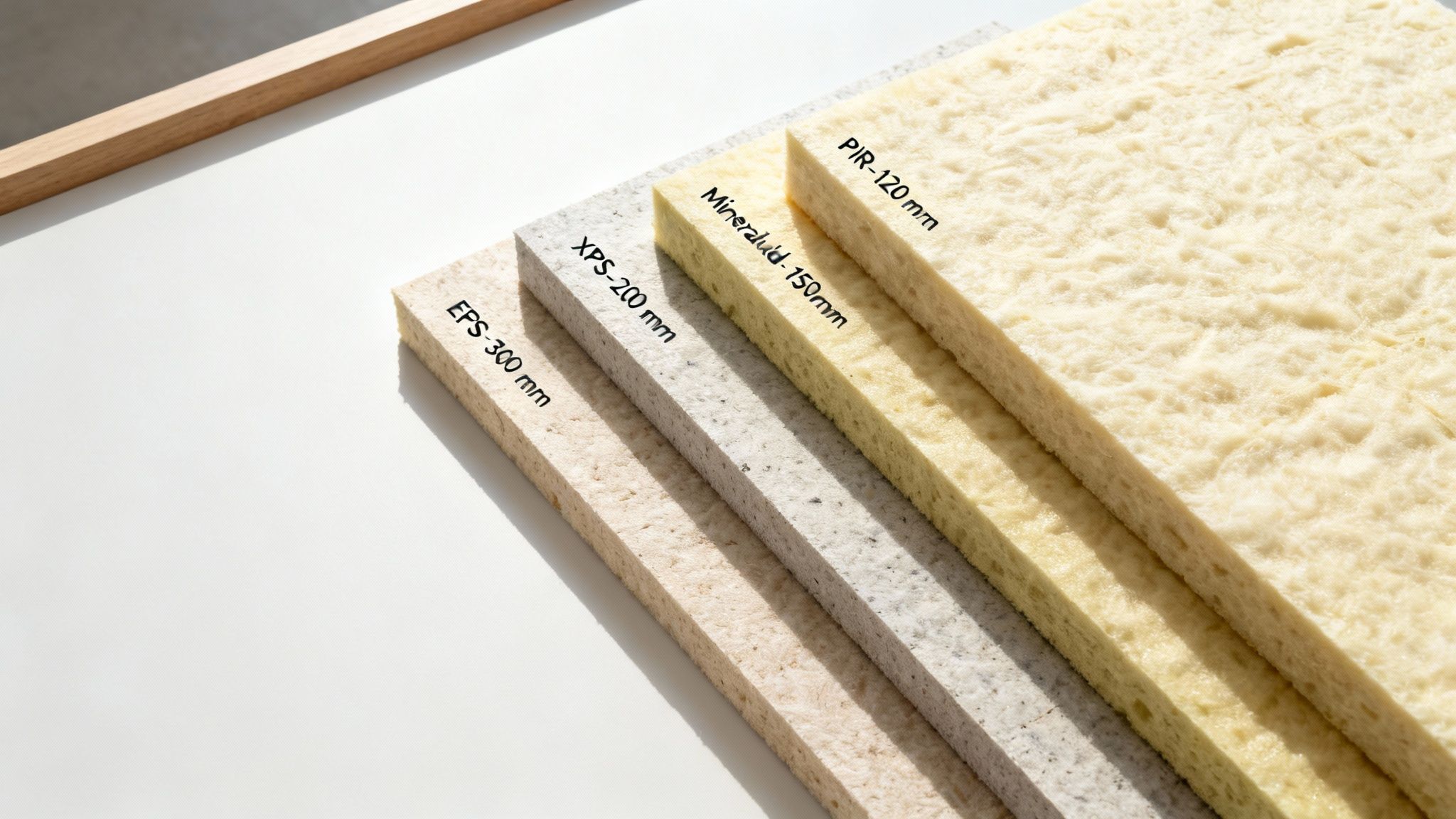 Forskellige typer isoleringsmaterialer: EPS, XPS, mineraluld og PIR, med angivne tykkelser.
