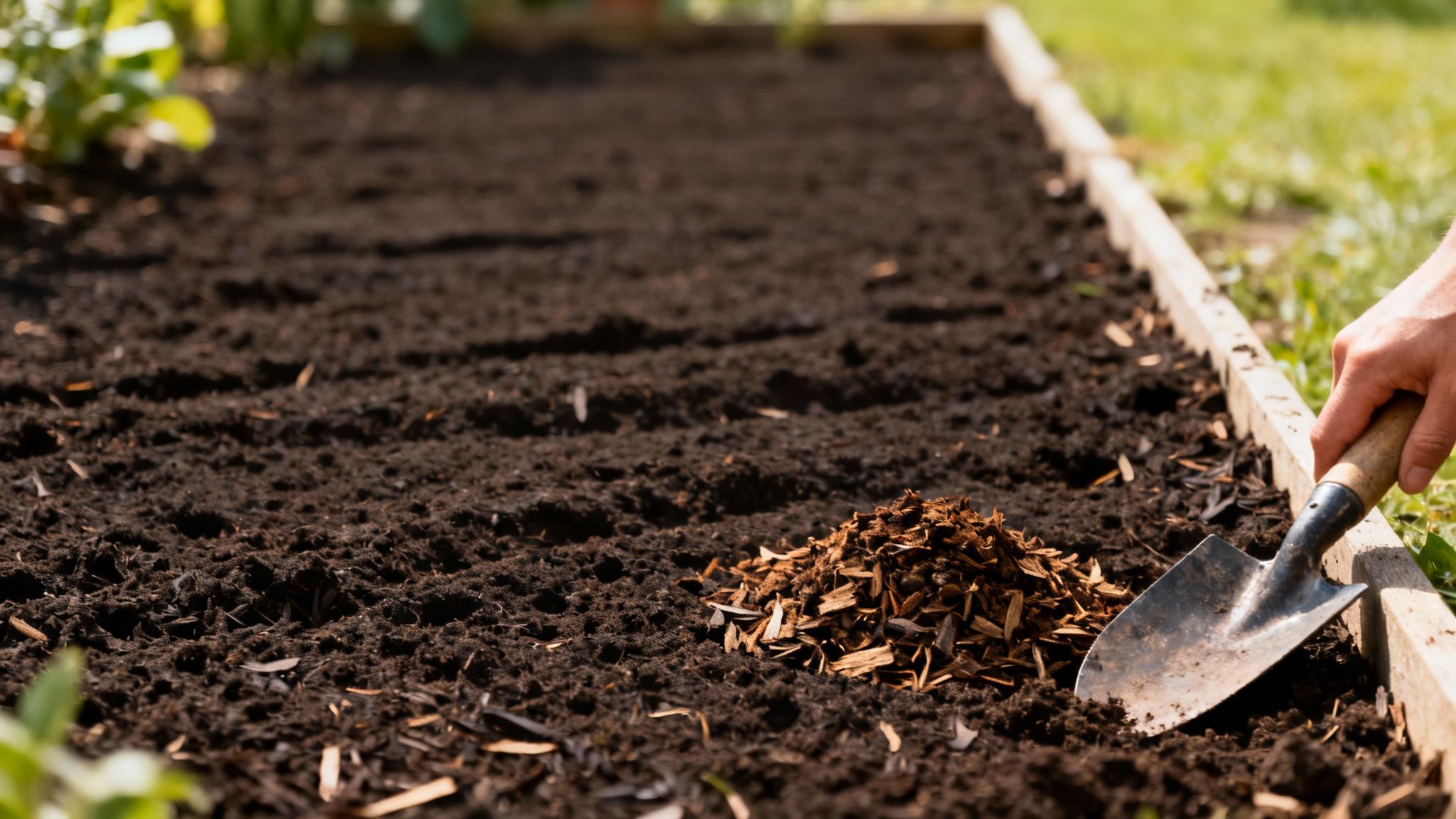 En person jævner jorden med en rive for at forberede den til såning af græsfrø