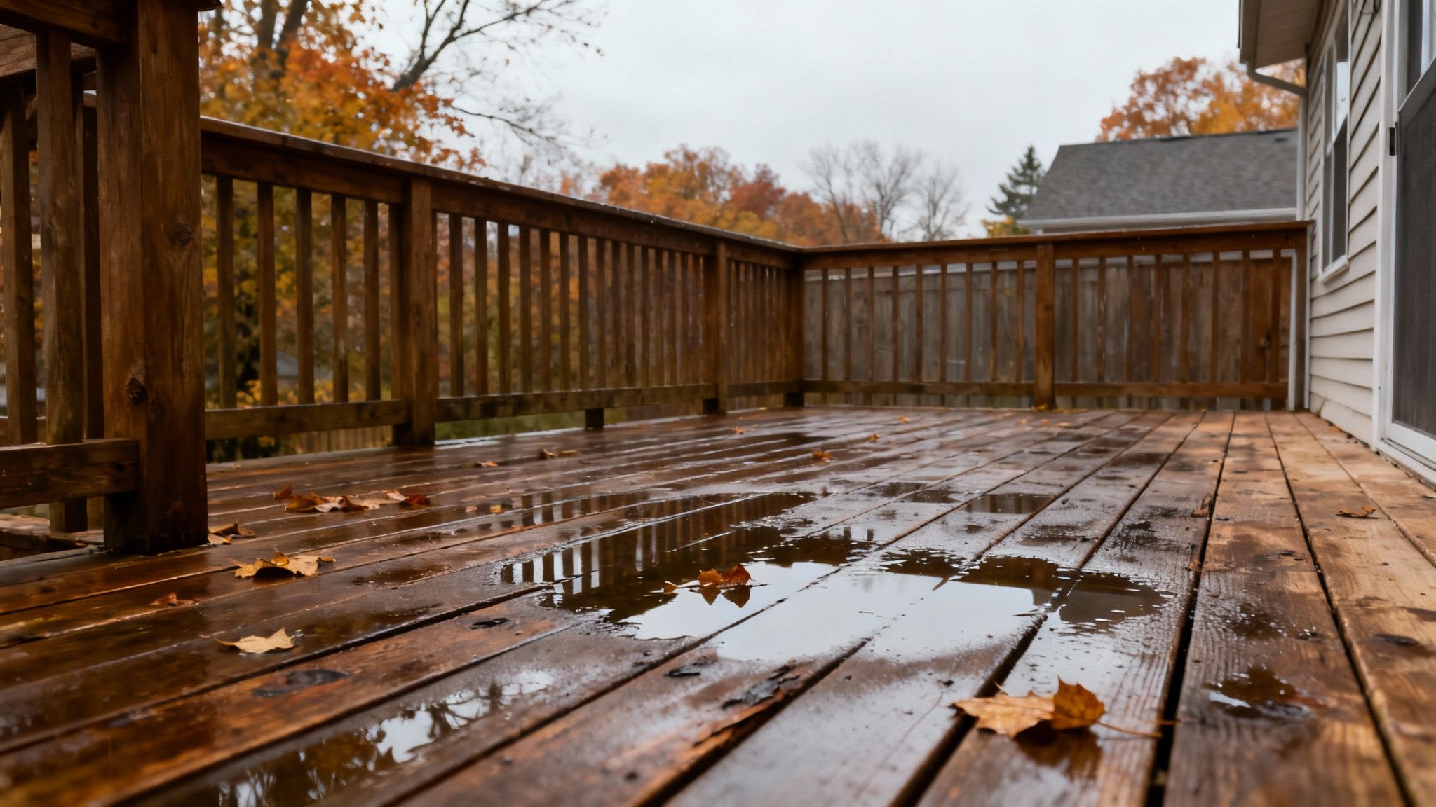 En træterrasse dækket af efterårsblade og regn