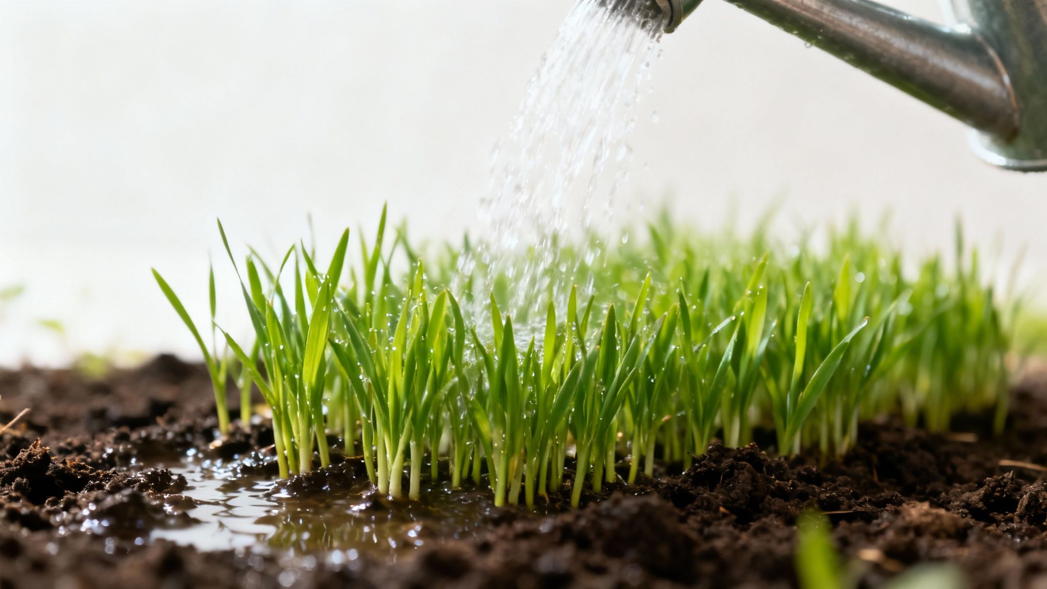 Grønne græsspirer vandes med en vandkande, der skaber vandpytter i den mørke jord.