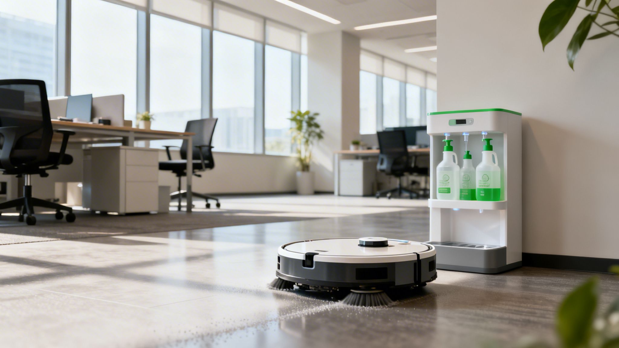 En robotstøvsuger rengør et lyst kontorgulv, med en dispenser til rengøringsmidler i baggrunden.