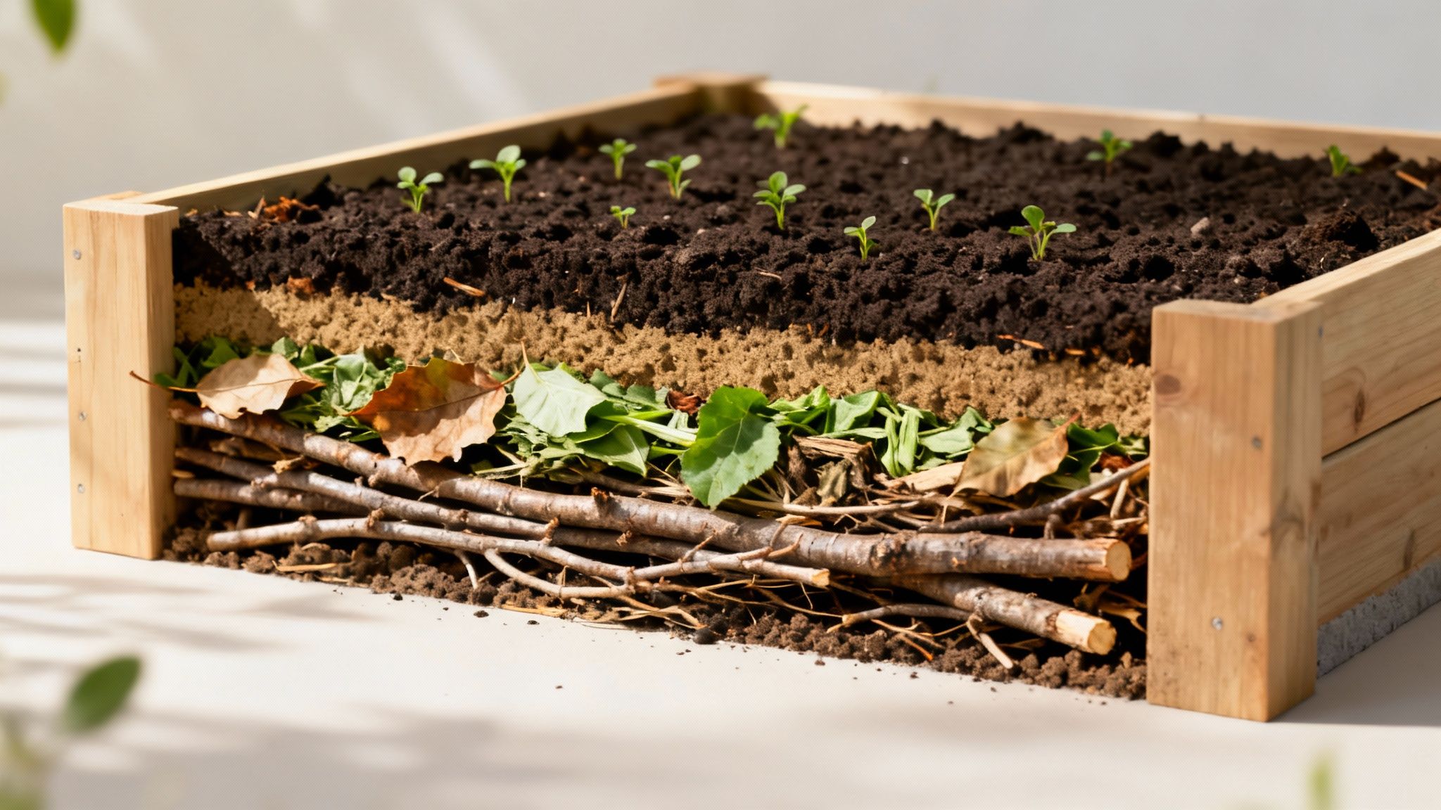 En person fylder et højbed med forskellige lag af organisk materiale, som grene og kompost