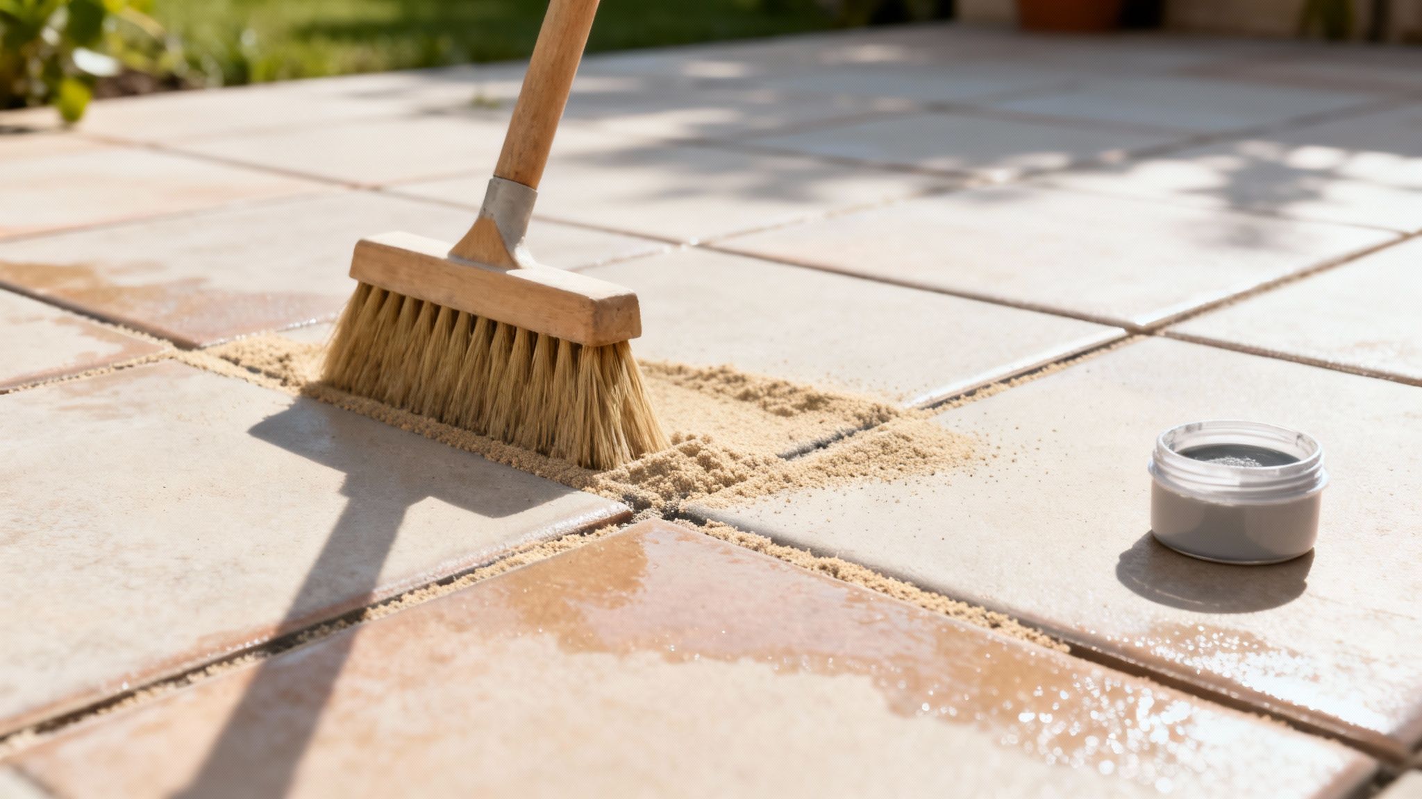 En kost fejer sand ned i fugerne mellem fliser på en terrasse under solskin. En lille beholder med fugemasse står ved siden af.
