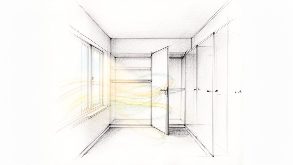 Skitsering af et walk-in closet med hylder, et vindue og farverige luftstrømme.