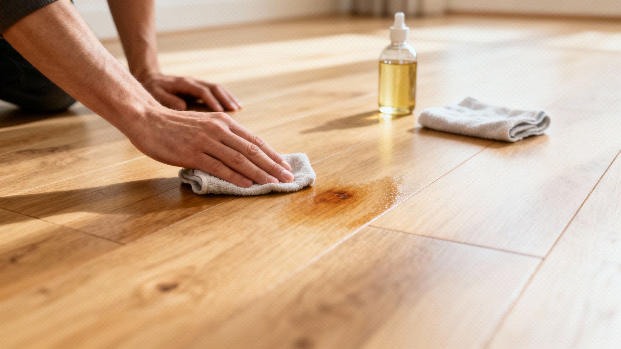 Person der behandler eller renser et trægulv med en klud og olie, sandsynligvis for at fjerne ridser eller pletter.