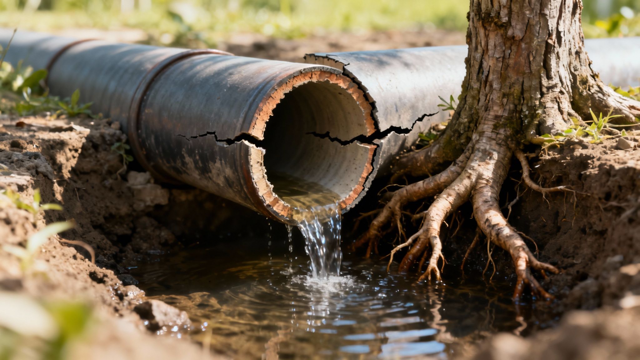 En skadet kloakledning med indtrængende trærødder