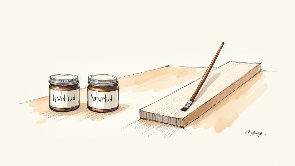 Illustration af to krukker med lud, en pensel og et træbræt, klar til ludbehandling.