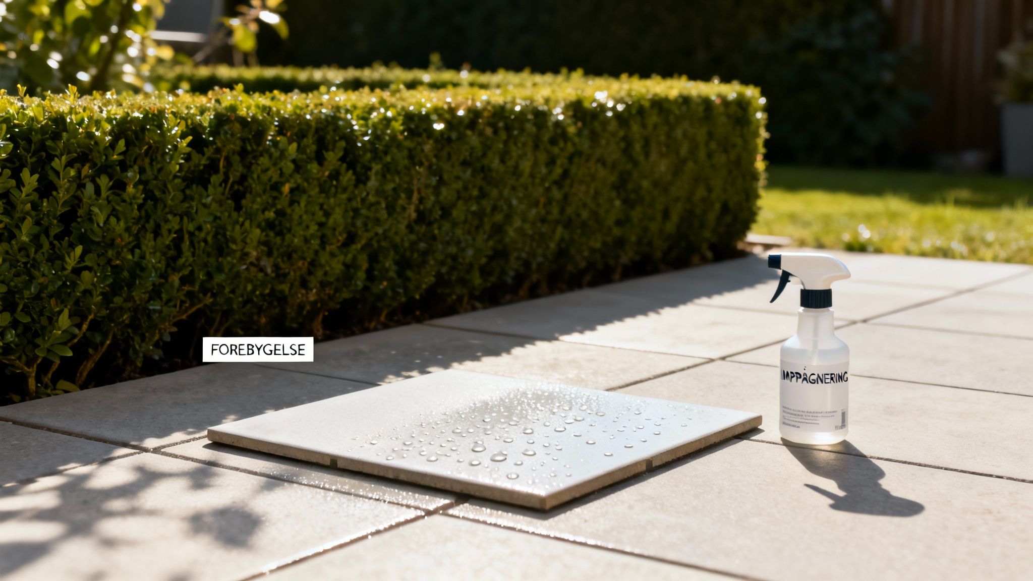 Fliser på en terrasse, hvor en er behandlet med imprægnering. En sprayflaske og tekst "FOREBYGELSE" er også synlige.