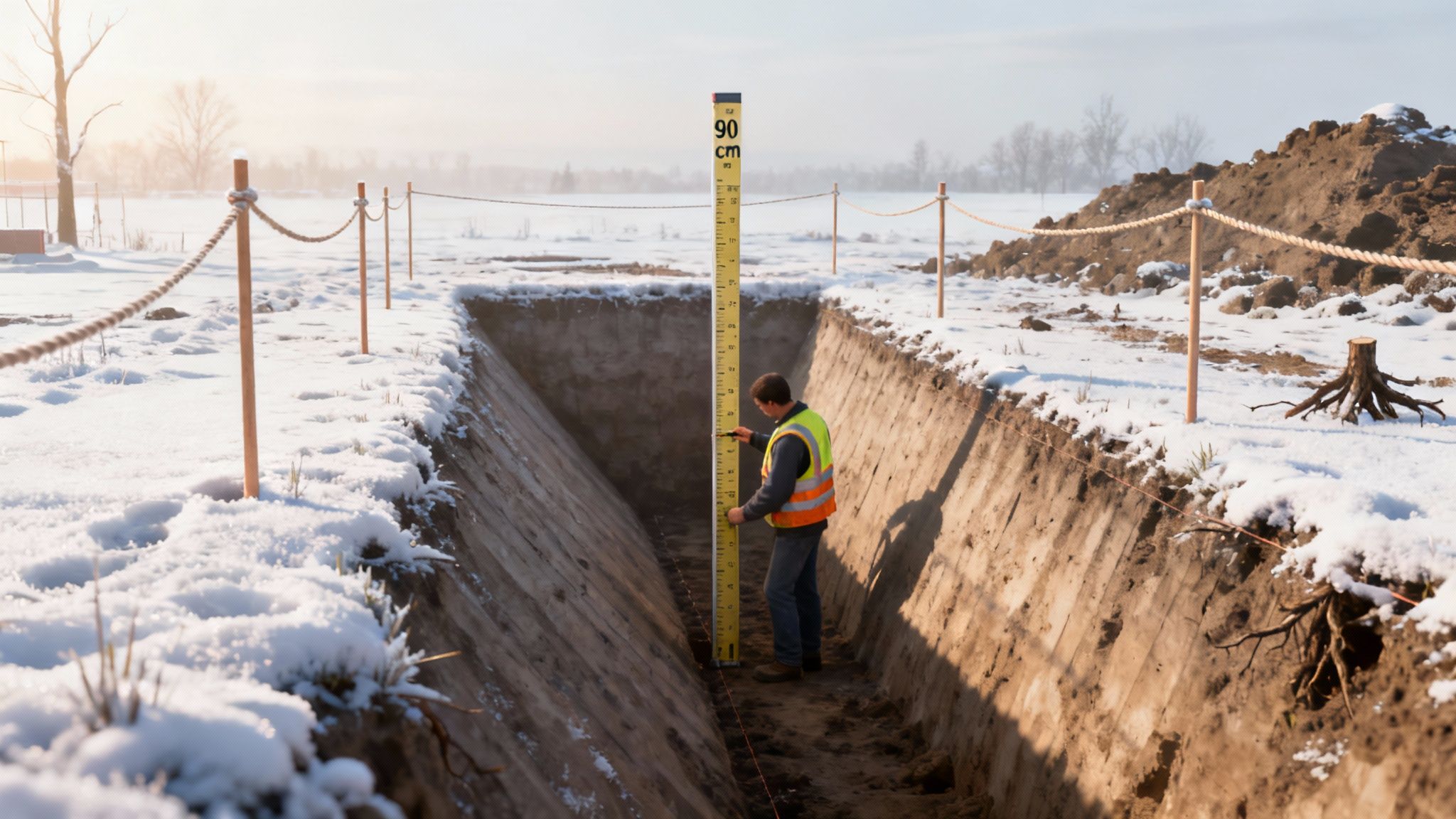 Udgravet rende til fundament, hvor jorden er klar til støbning