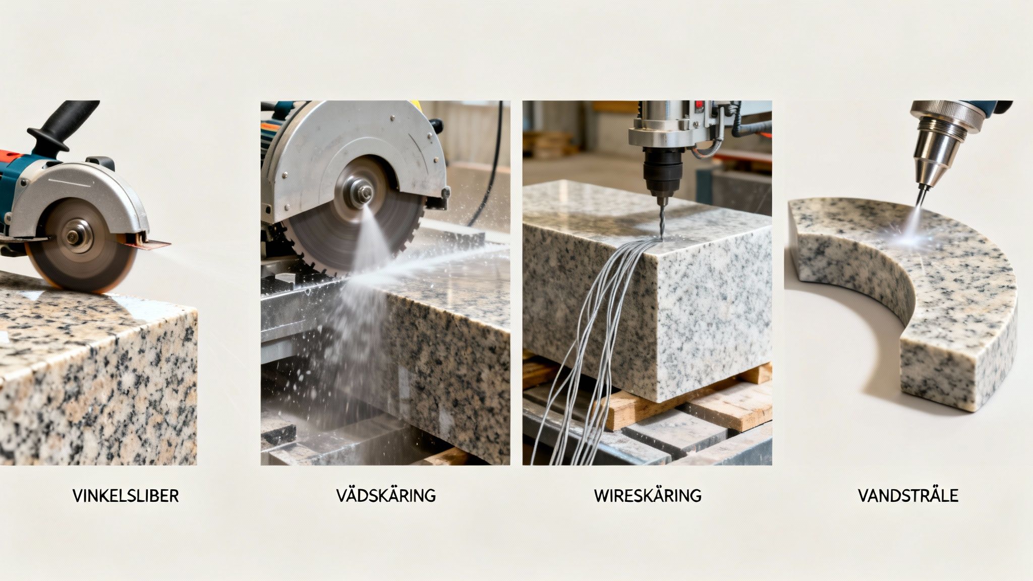 Fire forskellige metoder til skæring af granit: vinkelsliber, vådskæring, wireskæring og vandstråle.