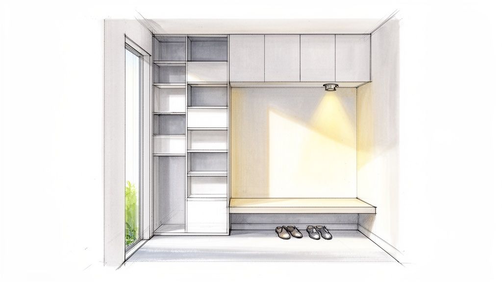 Detaljeret skitse af en moderne entre med indbygget opbevaring, bænke og hylder.