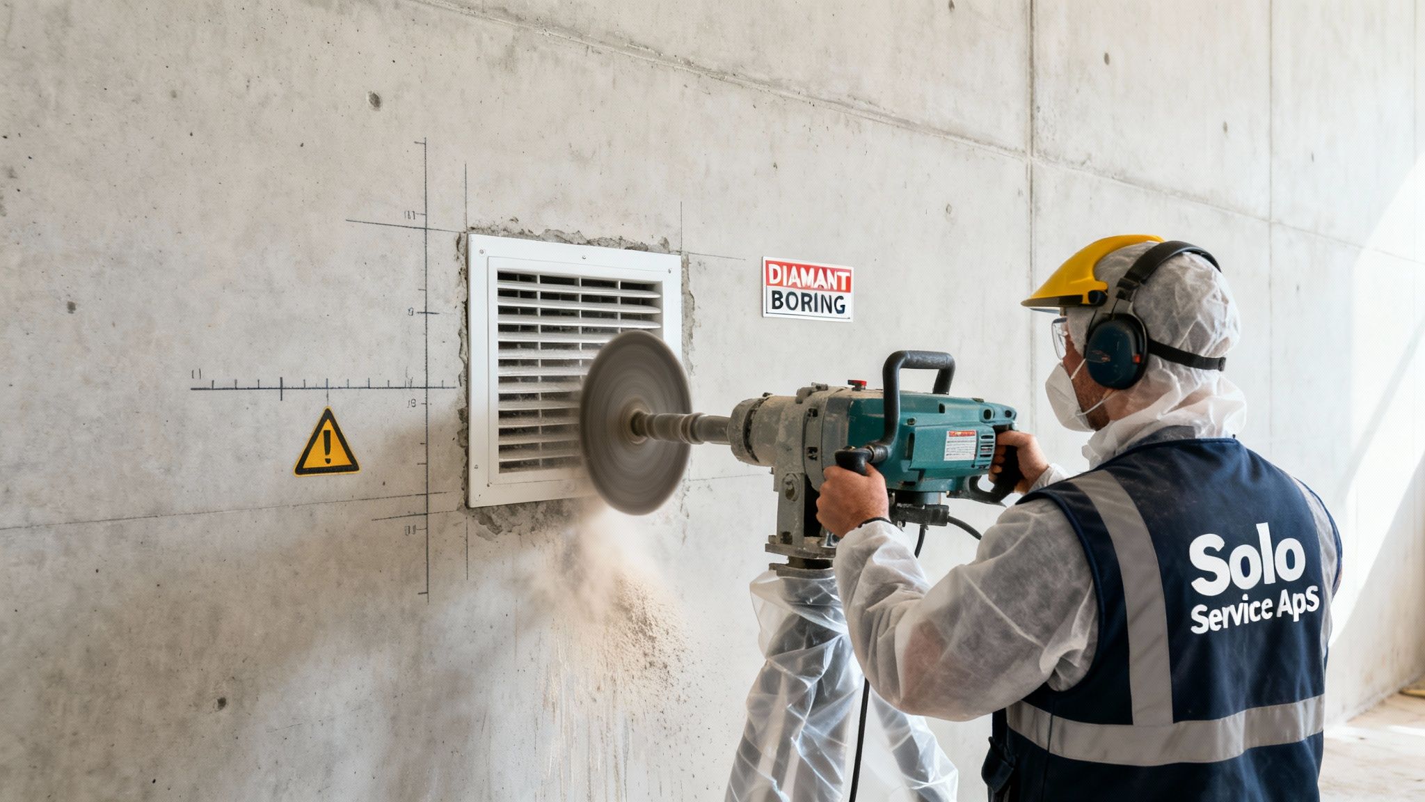 En arbejder iført sikkerhedsudstyr borer et stort hul i en grå betonvæg til udluftningsventiler.