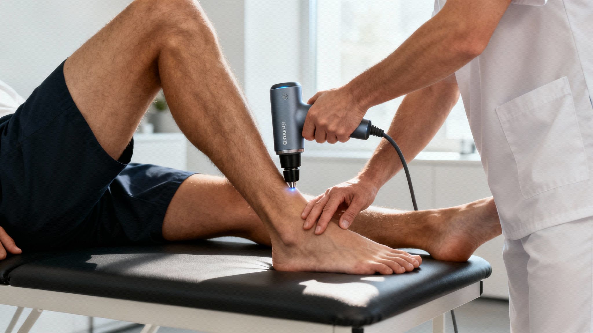 En terapeut behandler en mands ankel og achillessene med chokbølgeterapi på en briks.