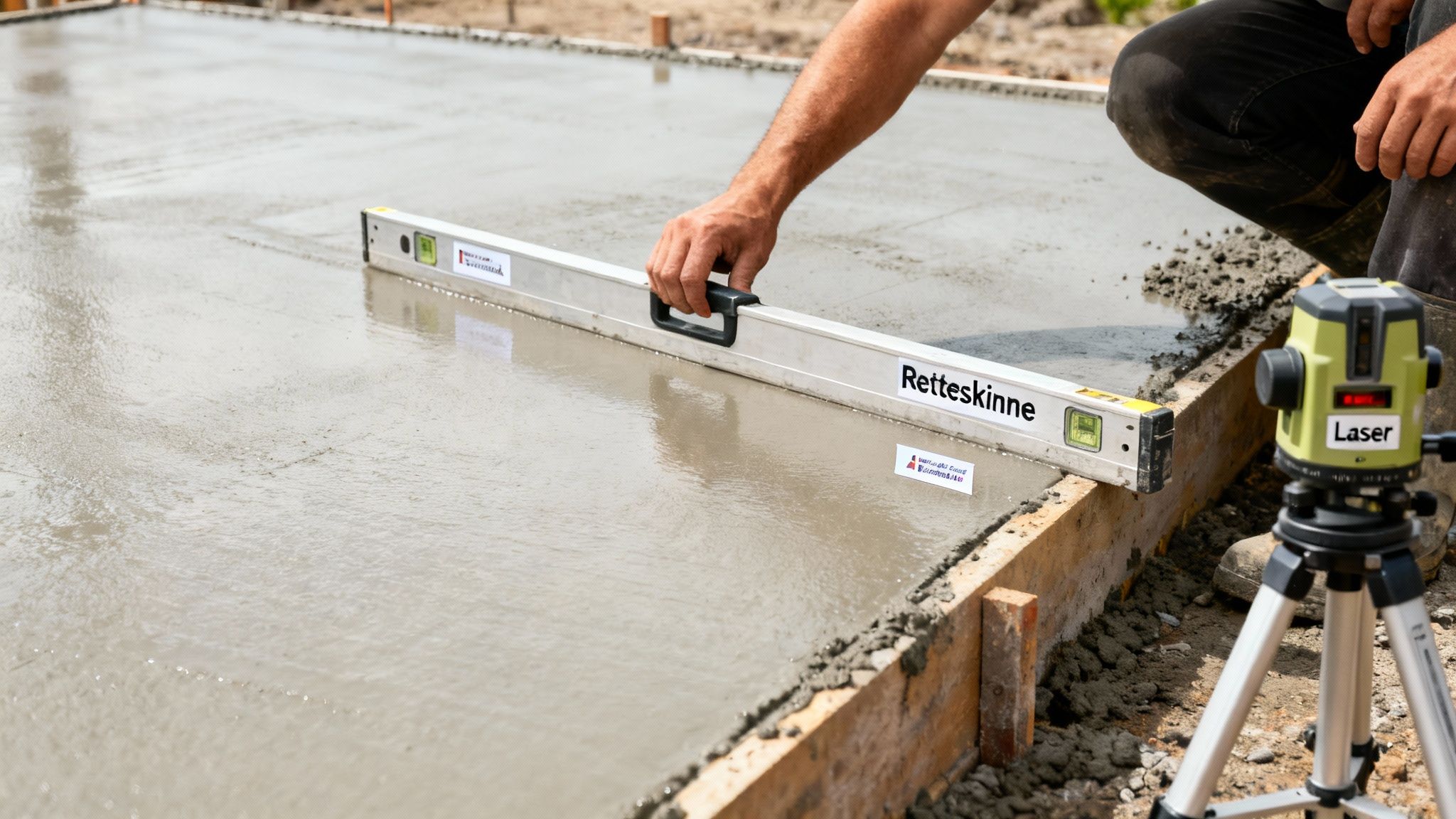 En bygningsarbejder bruger et vaterpas til at udjævne friskbeton, med en laser i forgrunden.