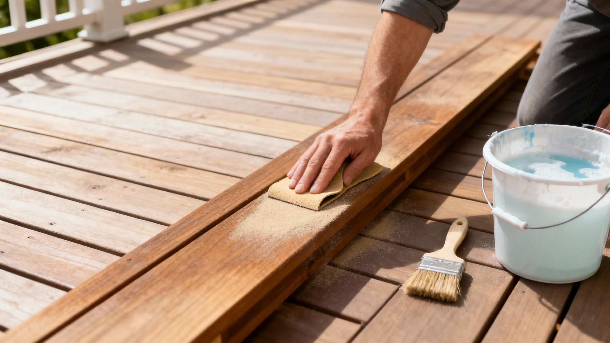 En person renser en træterrasse med en børste og vand.