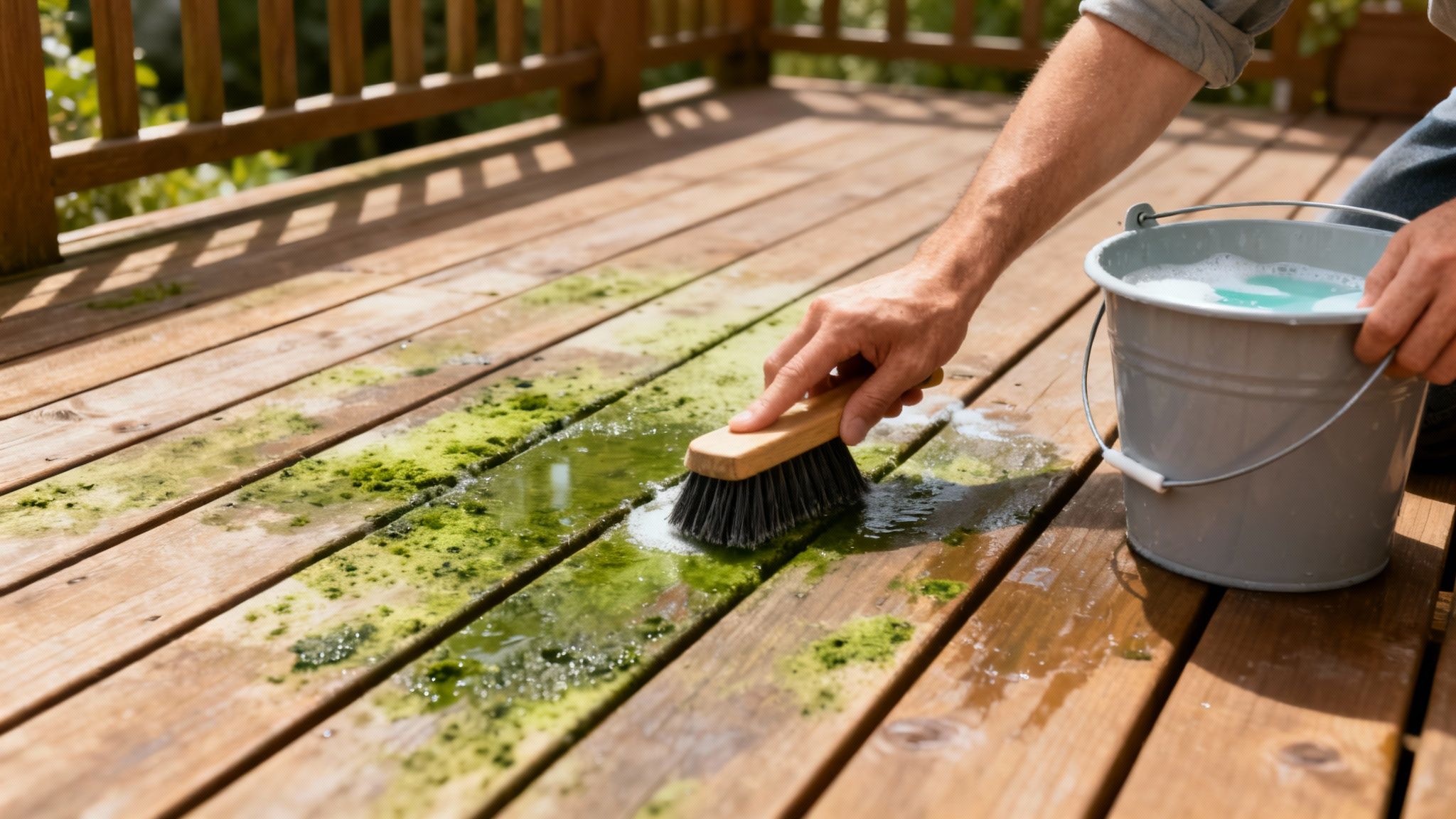 En person rengør et træterrasse for grønne alger med en børste og sæbevand.