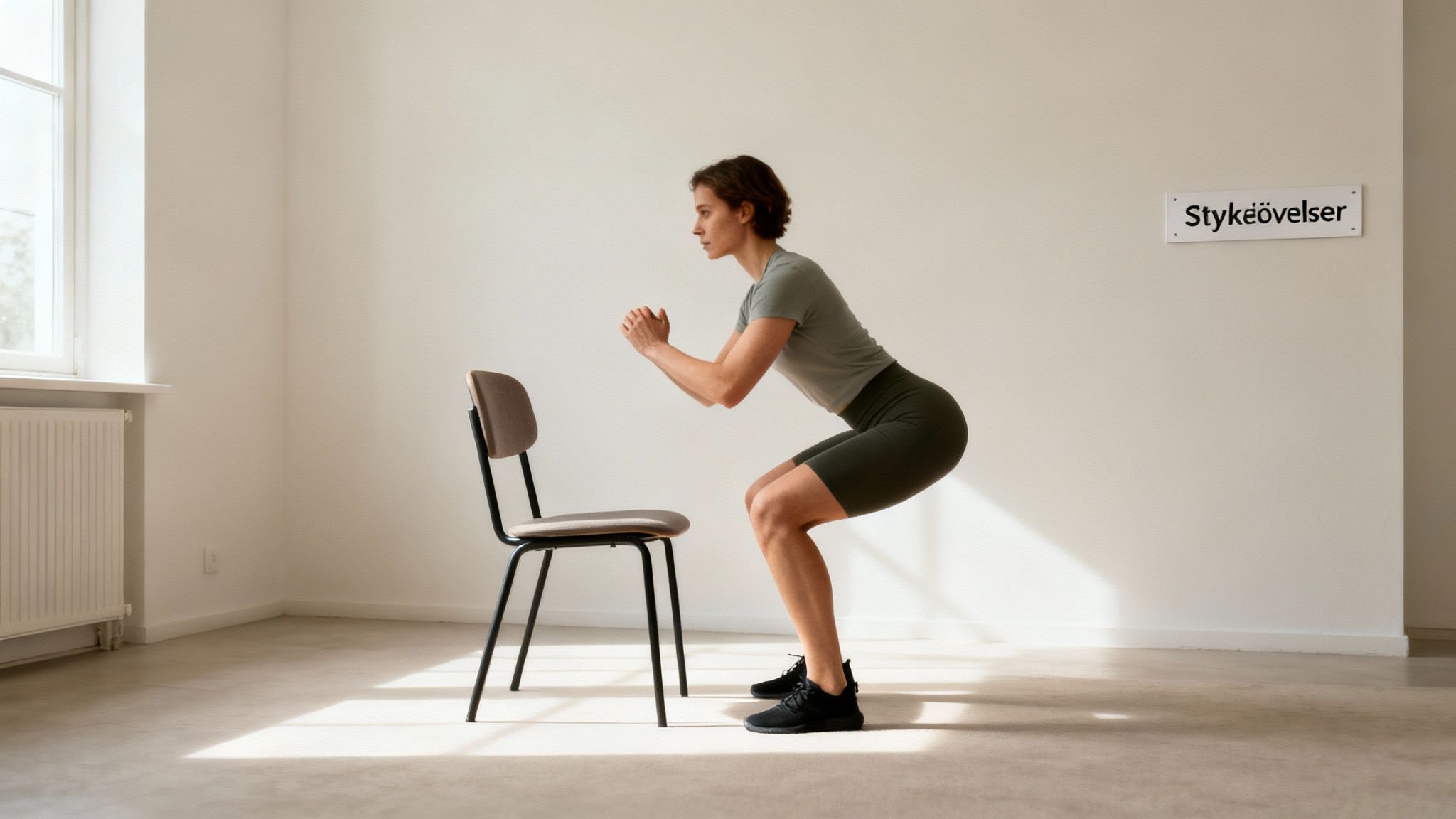 En kvinde laver squats ved en stol i et lyst rum, der viser en styrkeøvelse.