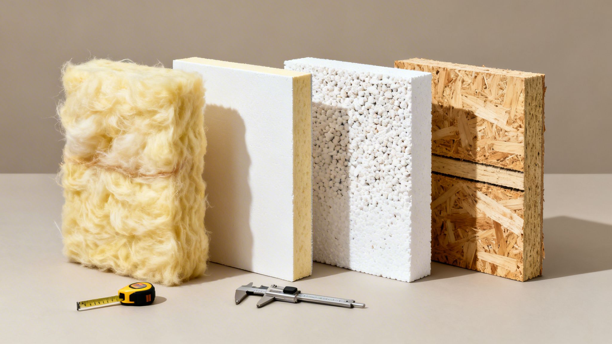 Forskellige isoleringsmaterialer: mineraluld, skumplader, EPS og OSB-plader med måleværktøjer.
