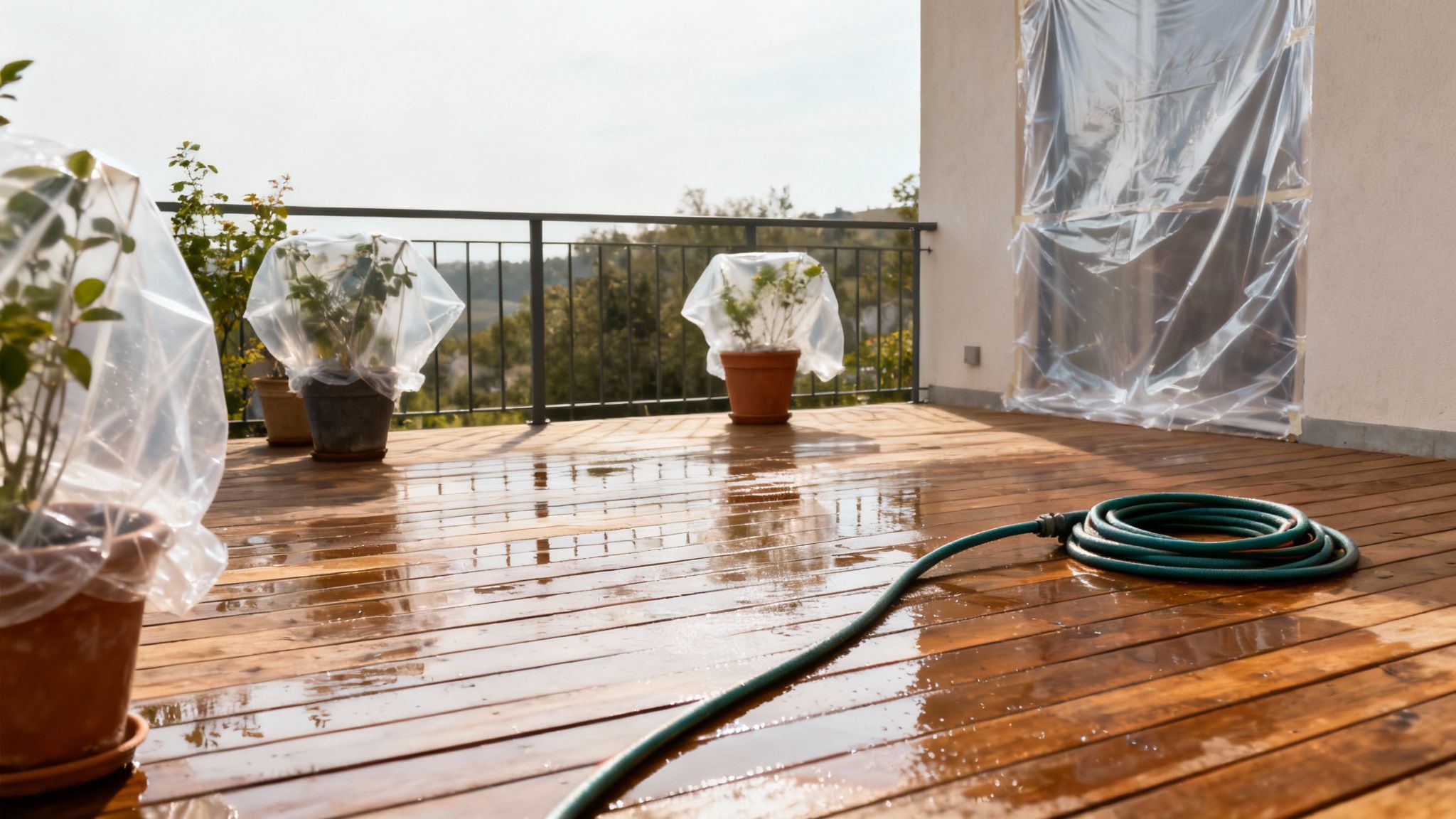 Våd træterrasse efter rengøring med grøn haveslange, overdækkede planter og en dør indpakket i plast.