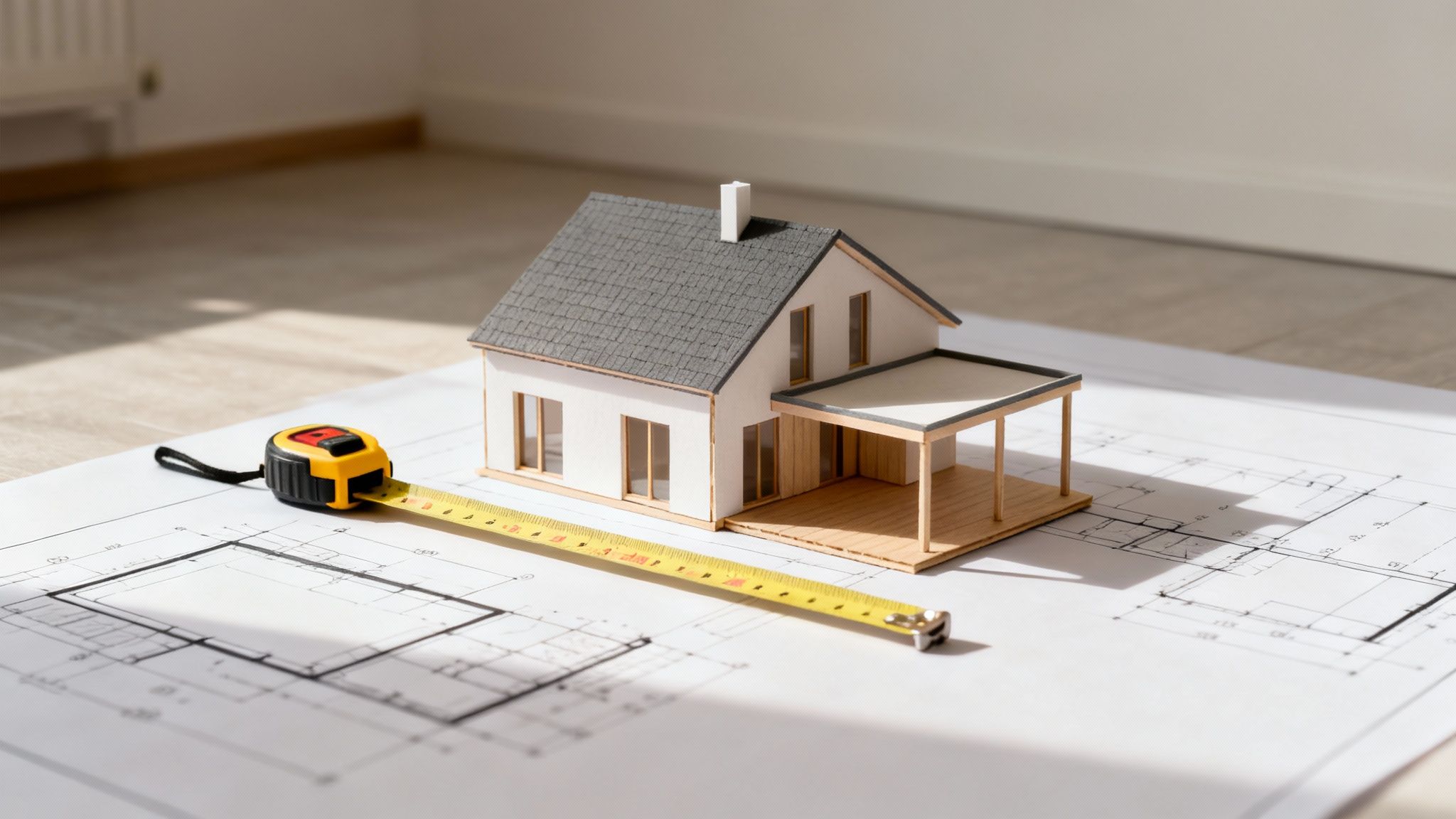 Et modelhus, et målebånd og bygningstegn ninger ligger på et bord med sollys, symboliserer planlægning.