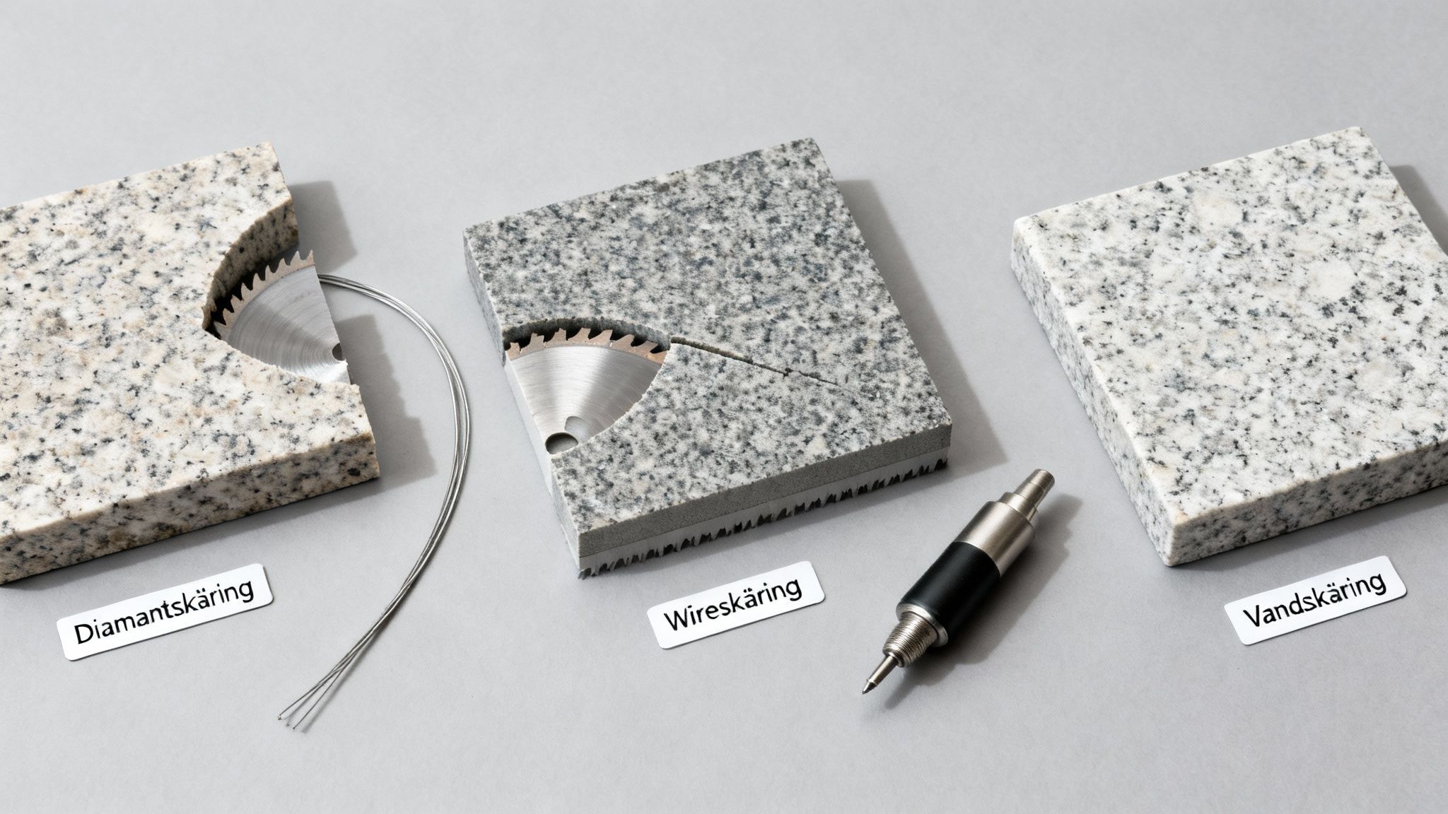 Billede af tre granitstykker, der illustrerer forskellige skæremetoder: diamantskæring, wireskæring og vandskæring.