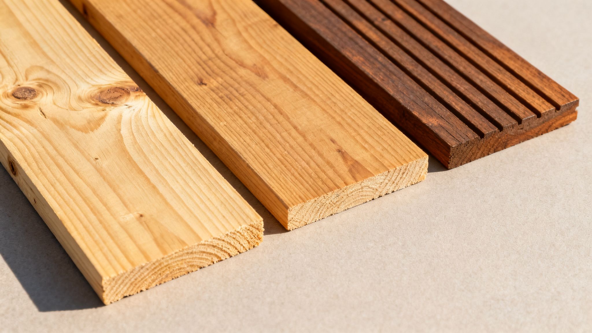 Tre træplanker i forskellige farver og teksturer, vist diagonalt på en lys baggrund.