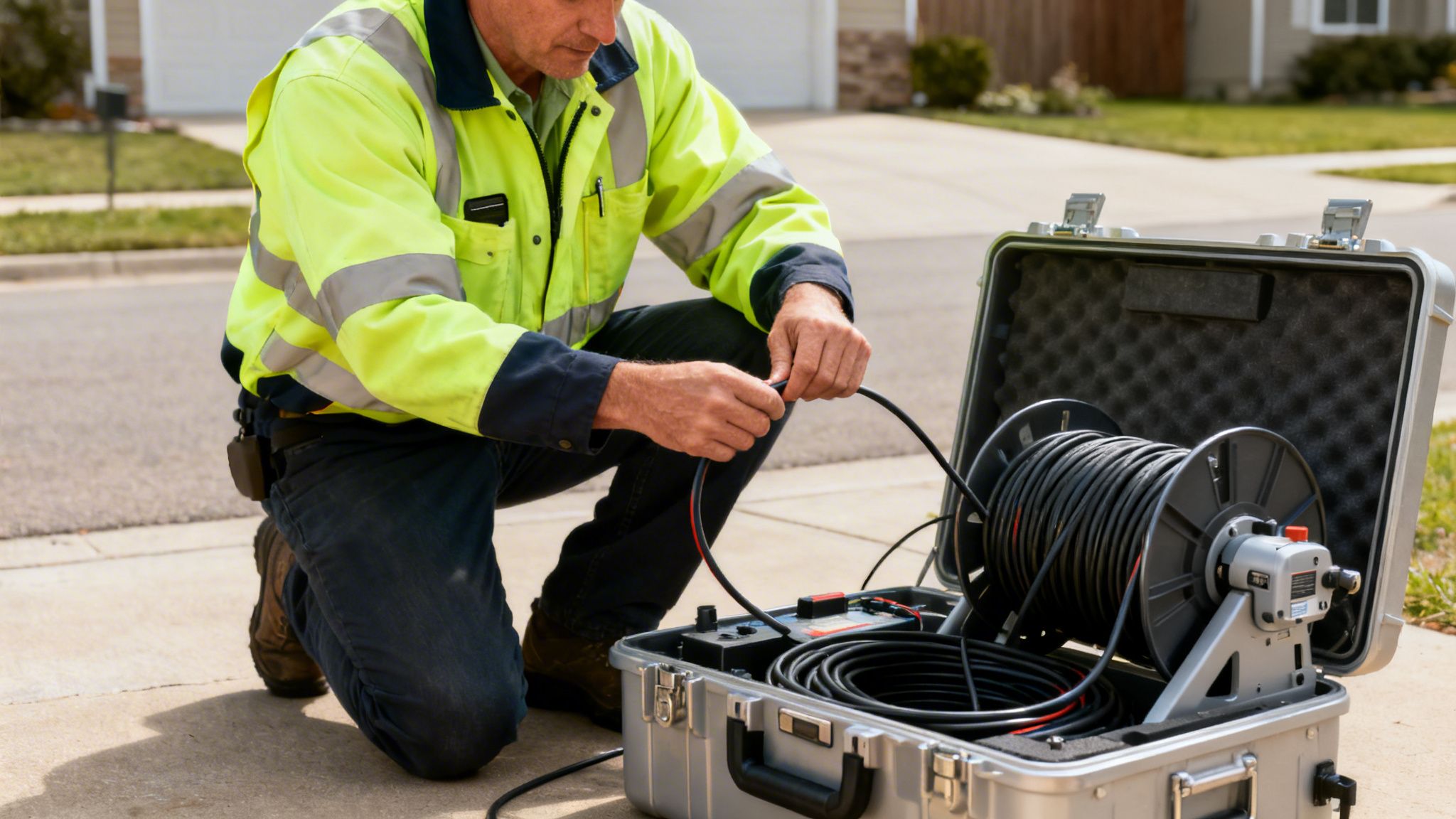 En tekniker i gul refleksjakke knæler og inspicerer et kabel fra et kloak-tv-system.