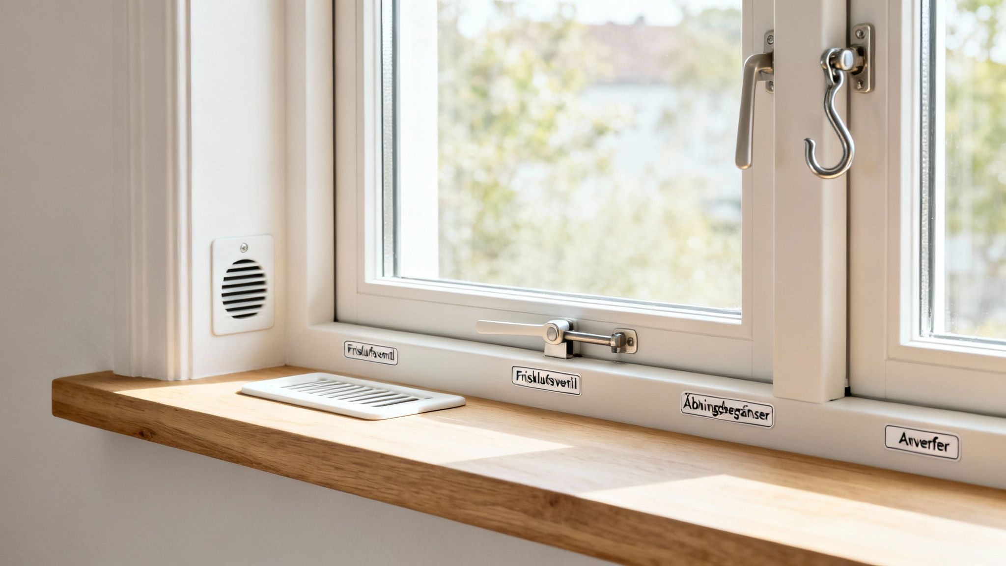Et moderne hvidt vindue med trævindueskarm, udluftningsventiler og greb i et lyst rum.