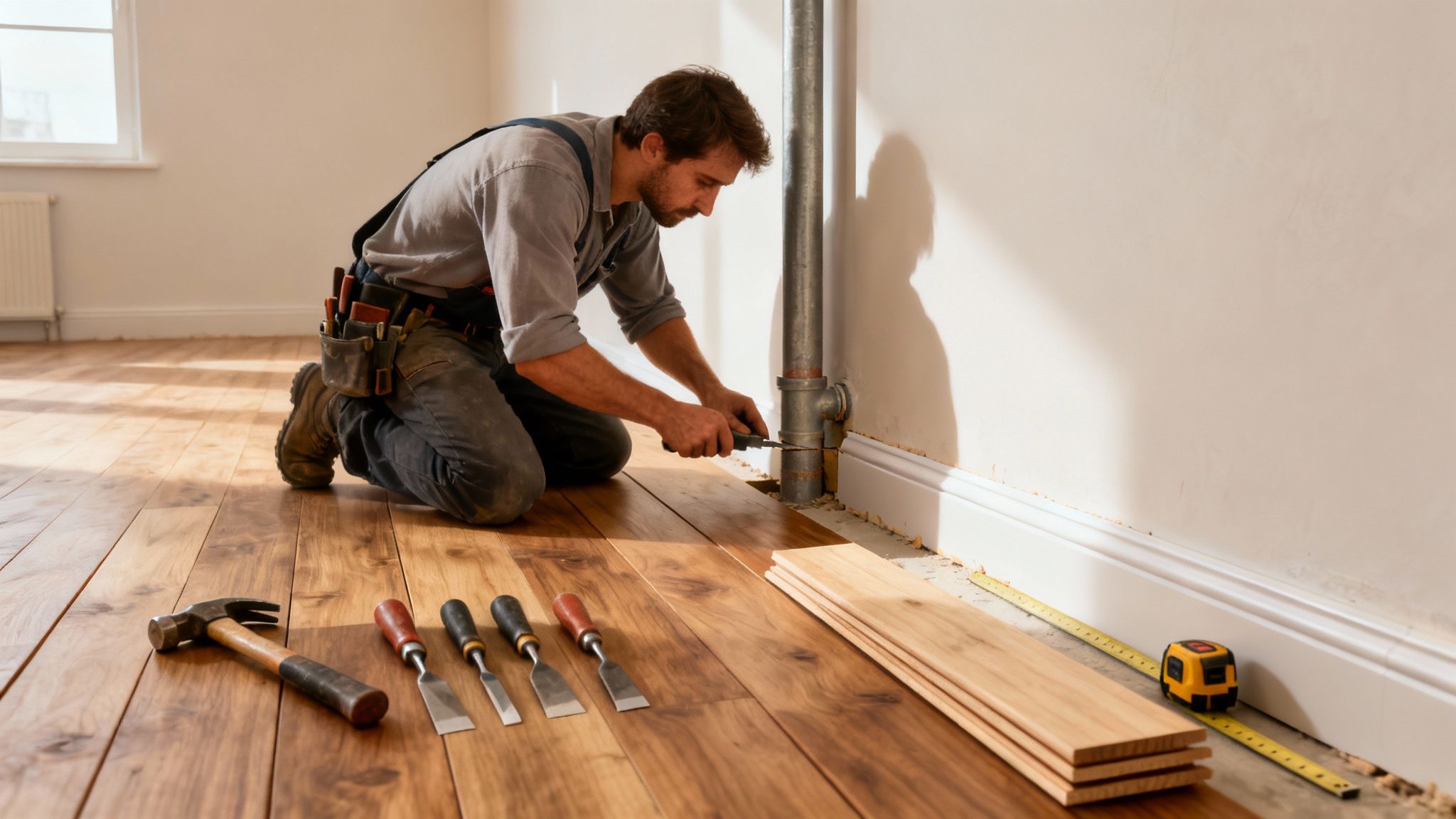 Håndværker lægger nyt trægulv og tilpasser brædder ved en rørinstallation. Værktøj og nye gulvbrædder ses.