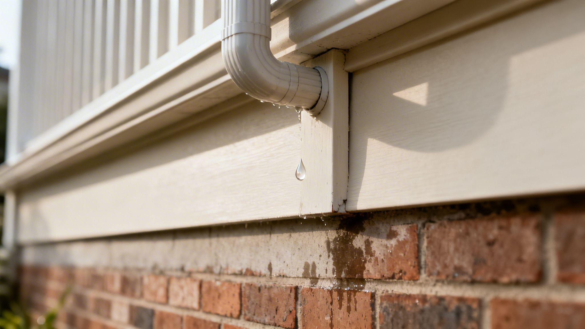 Utæt nedløbsrør på hus med hvidt træbeklædning og murstensfundament, hvor vand drypper ned.