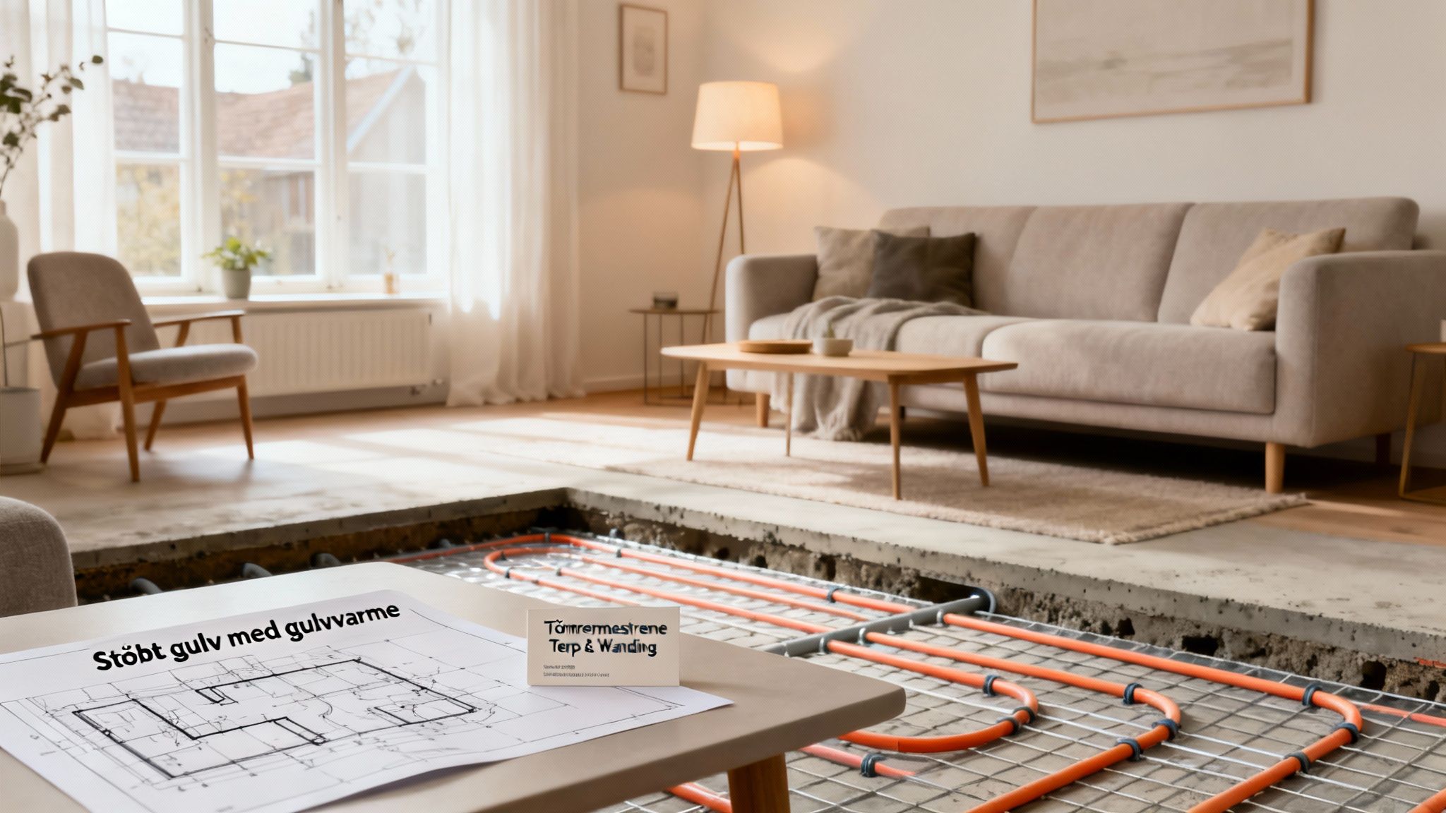 Et lyst stuemiljø med gulvvarmeinstallation under et delvist fjernet gulv og en byggeplan på bordet.