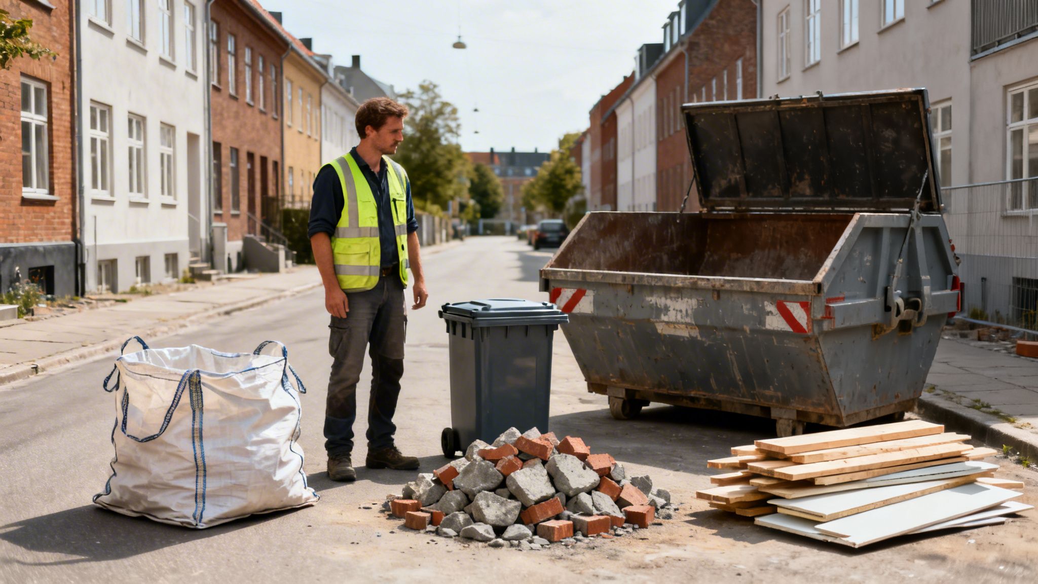 Mand i sikkerhedsvest ved stor container og byggeaffald på gaden. Klar til bortskaffelse.