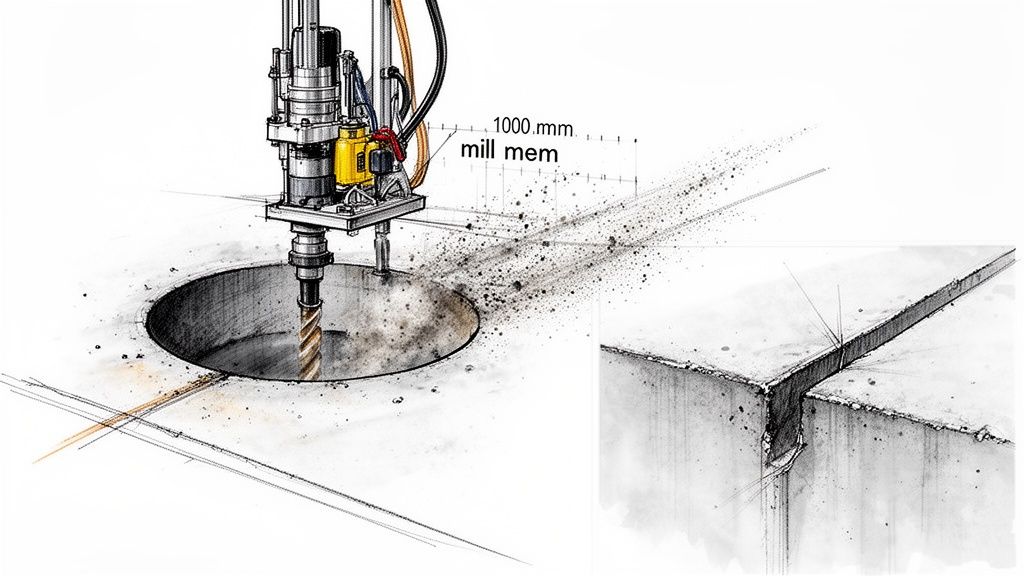 Illustration af en boremaskine, der skærer et stort hul i beton, med flyvende støv og en detalje af en betonfuge.