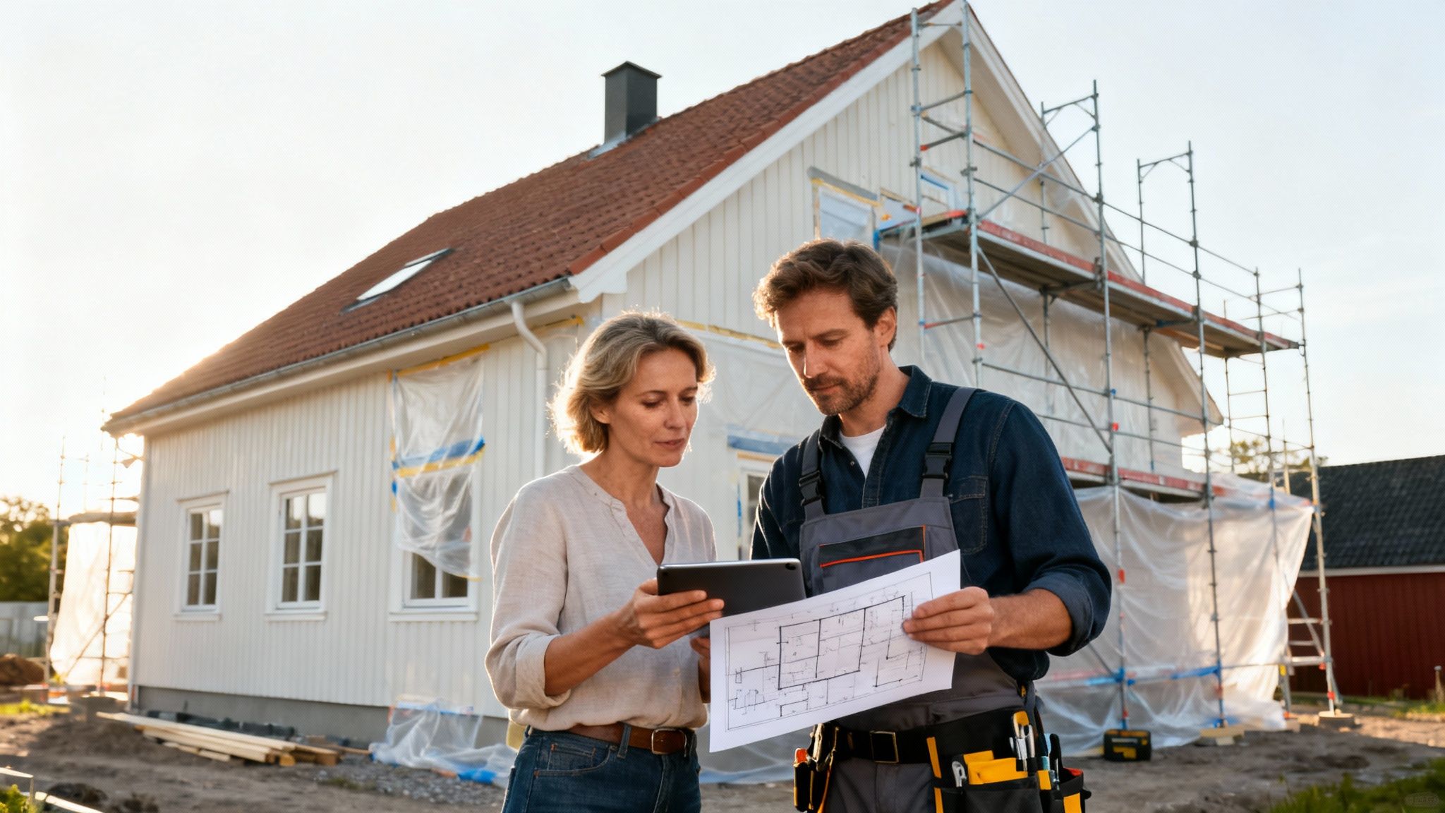 Husejere og håndværker diskuterer tegninger og tablet ved hus under renovering på Sjælland.