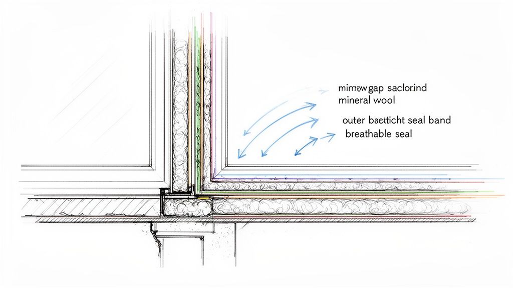 Detaljeret snit af vinduesmontering, der viser mineraluldisolering, tætningsbånd og luftstrømme i konstruktionen.