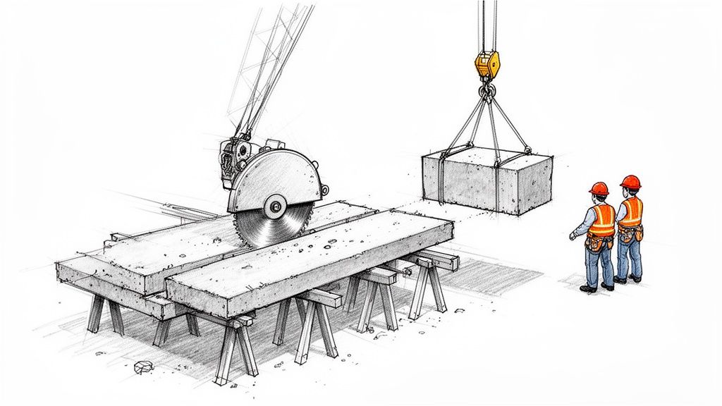 To bygningsarbejdere ser en kran løfte en stor betonblok, mens en sav skærer betonplader.