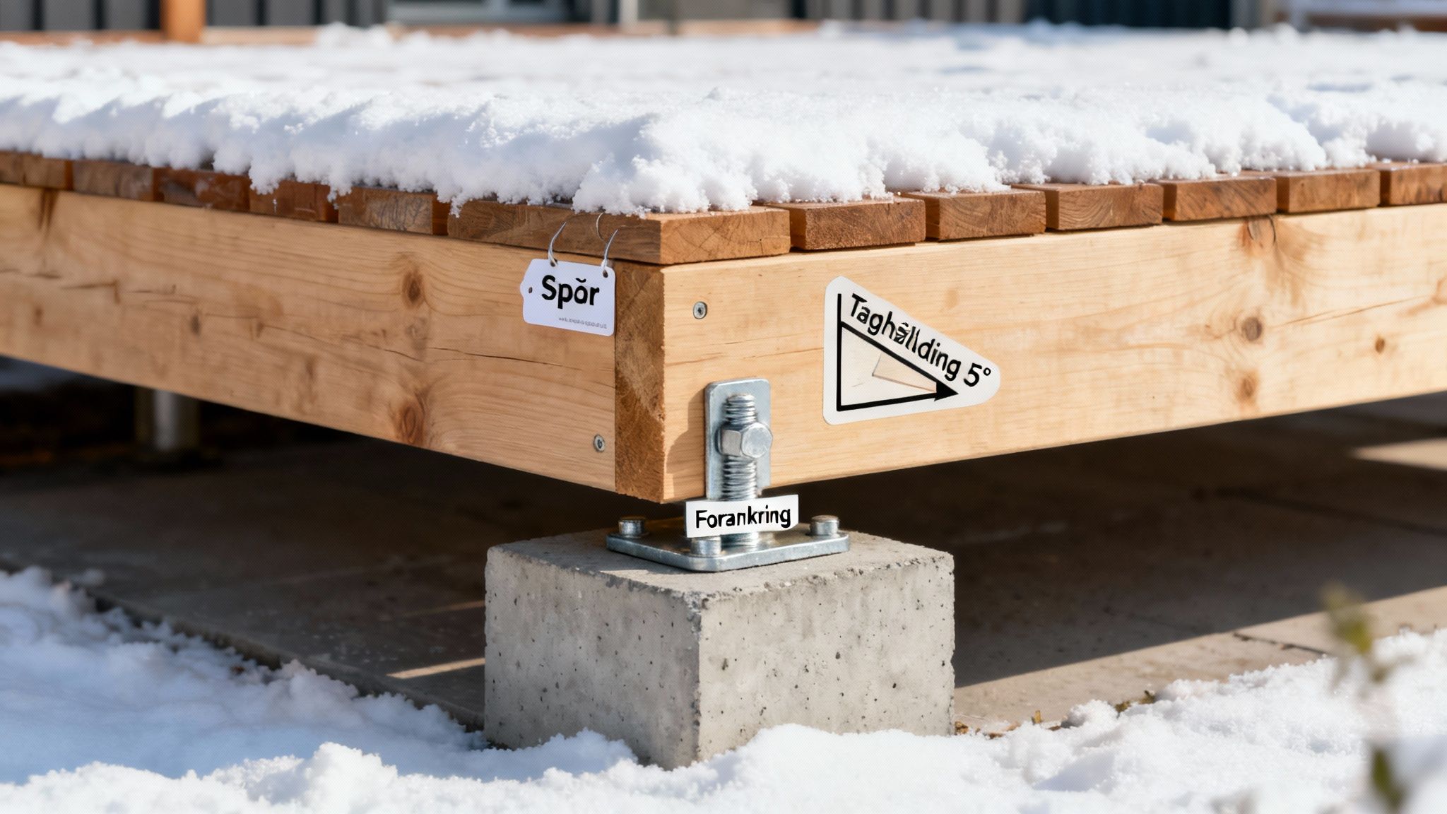 Detaljeret billede af en overdækket terrasse i træ med sne, der viser taghældning og forankring.
