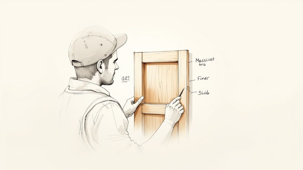 En håndværker inspicerer en trækøkkenlåge, der viser massivt træ, finer og en slids, med værktøj i hånden.