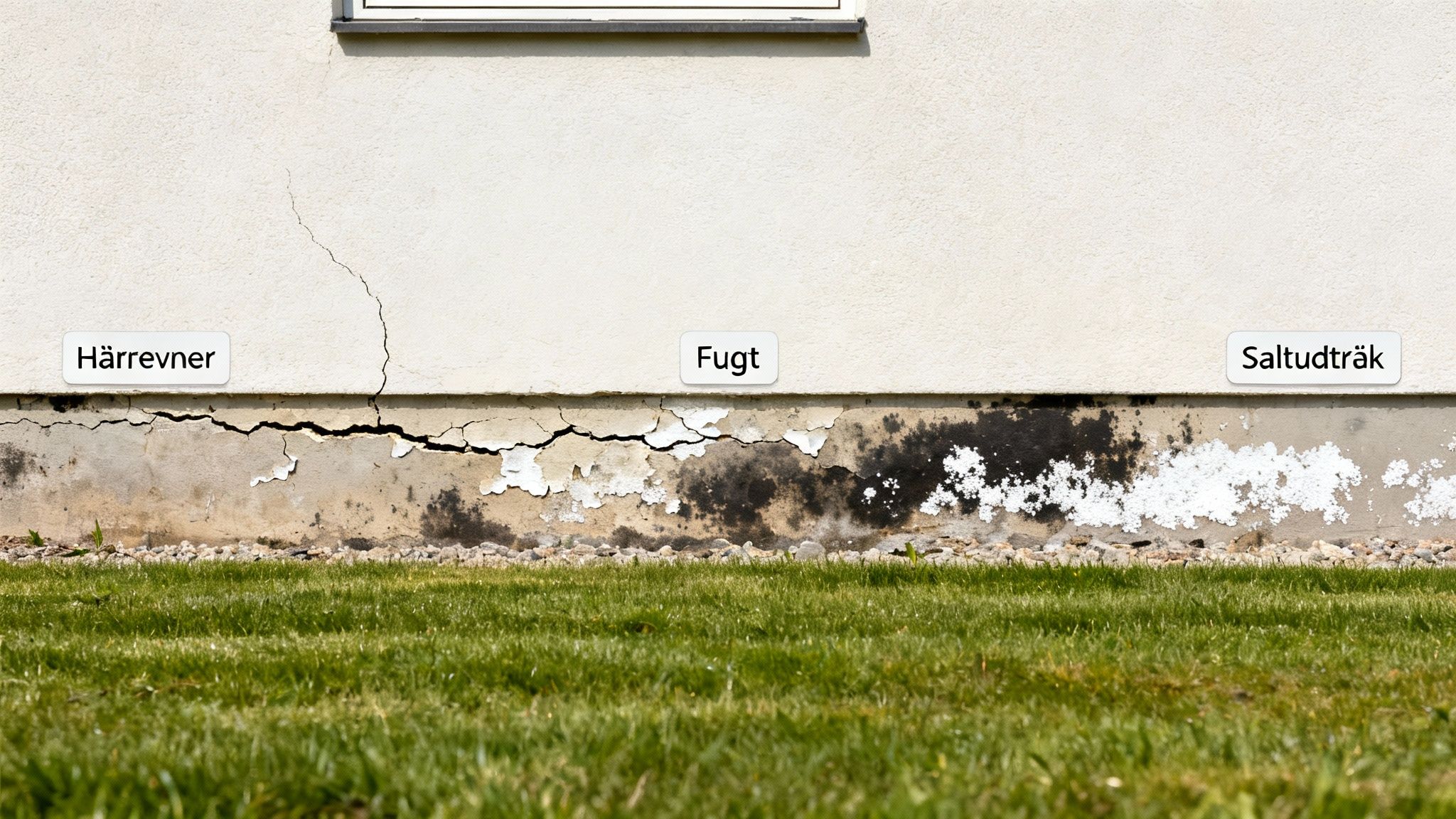 En husfacade med skader på soklen, herunder revner, fugt og saltudslag, og en græsplæne foran.