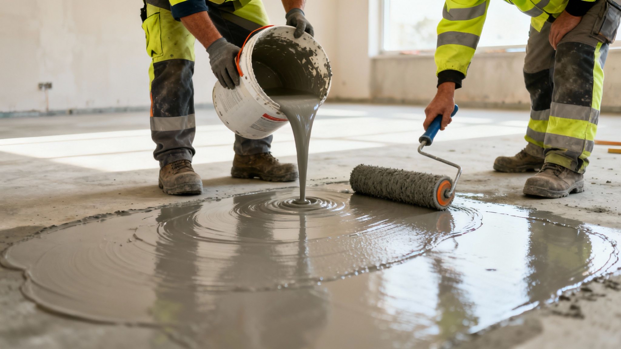 To arbejdere i refleksveste udjævner betongulv med spand og rulle i tomt rum