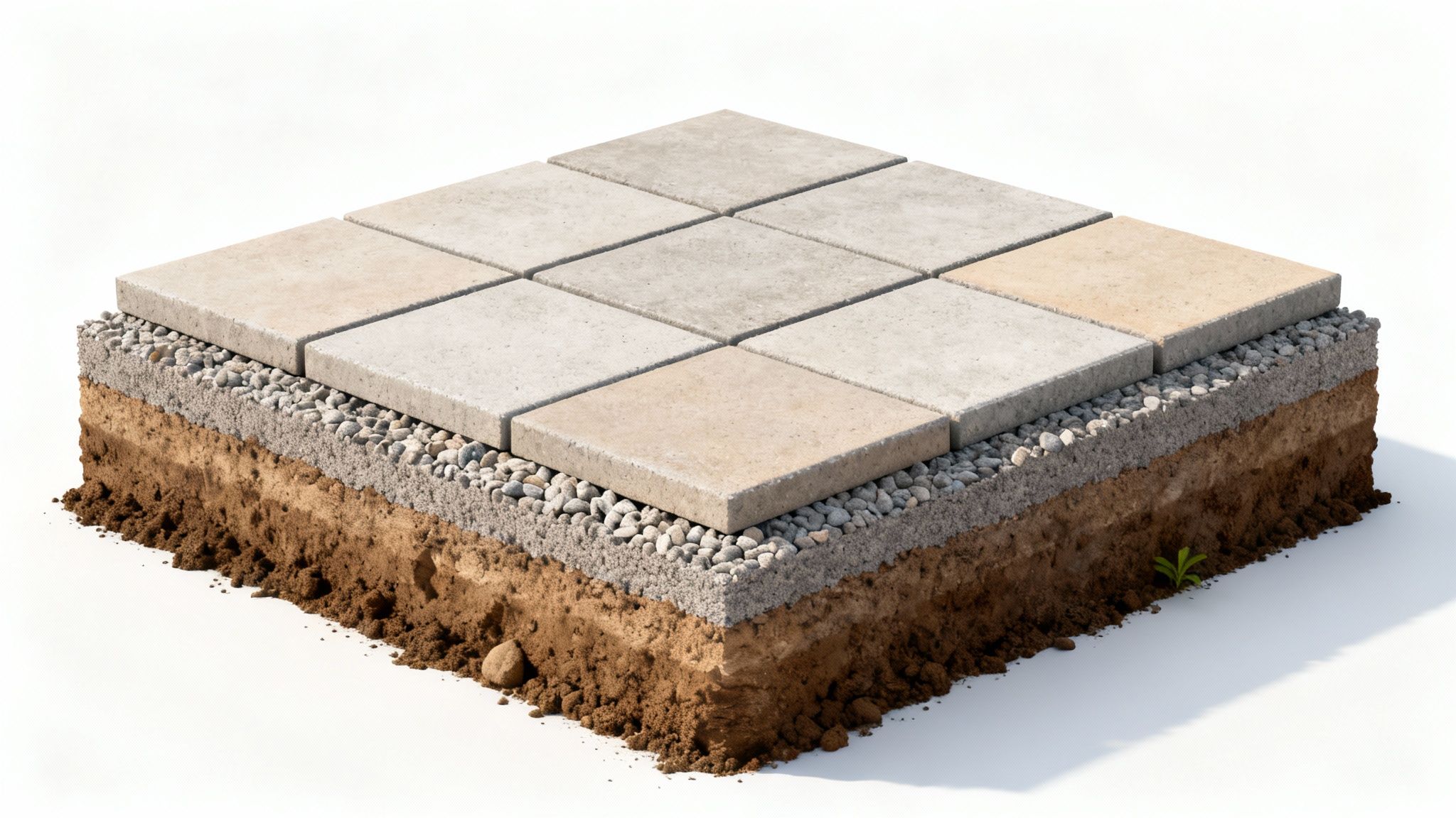 En mand bruger en pladevibrator til at komprimere stabilgrus for at skabe et solidt fundament for fliser